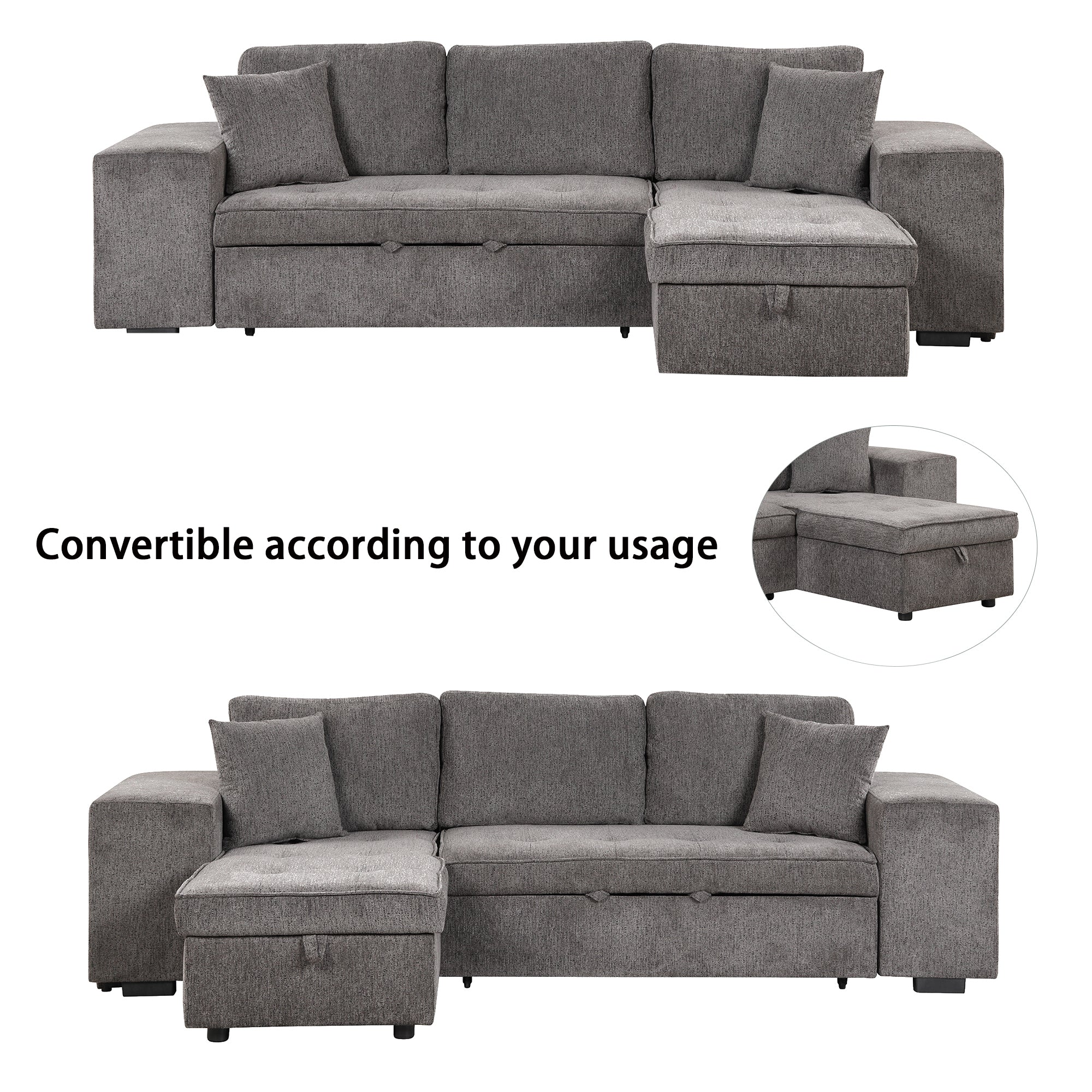 104.5' Modern L-Shape 3 Seat Reversible Sectional Couch, Pull Out Sleeper Sofa with Storage Chaise and 2 Stools for Living Room Furniture Set,Knox Charcoal (old sku:SG000431AAA) - Grand Goldman Shop