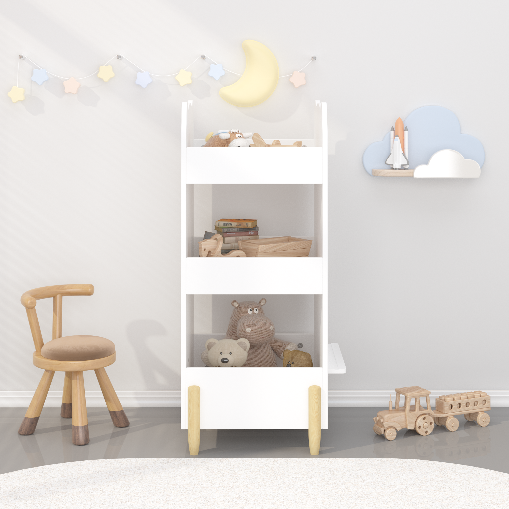 Kids Bookshelf with Chalkboard Side – Bear-Shaped Wooden Bookcase with 3-Tier Storage, Drawing Board for Toddlers, Toy and Bo