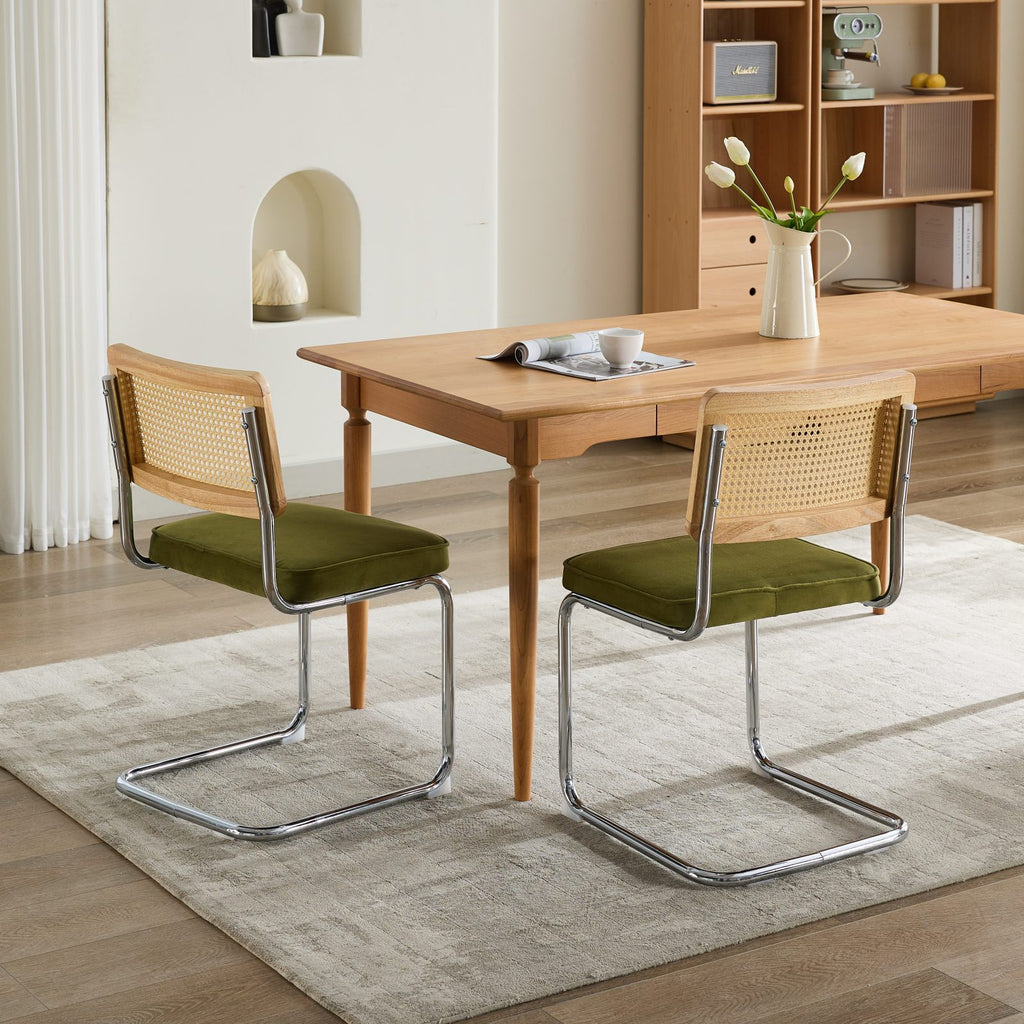 Mid Century Modern Dining Chairs Set of 2, Velvet Accent Chairs with Natural Cane Back & Stainless Chrome Base, Famous Breuer Designed Chairs, Upholstered Rattan Kitchen Chairs,Olive-Green - Grand Goldman Shop