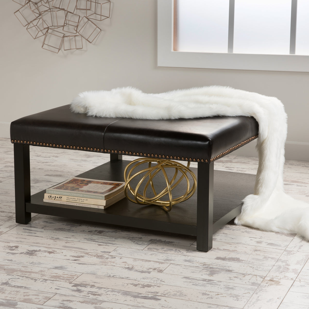 Large Square Ottoman Bench, faux leather Coffee Table Ottoman with rack & Solid Wood Legs, Oversized Ottoman for Living Room - Grand Goldman Shop