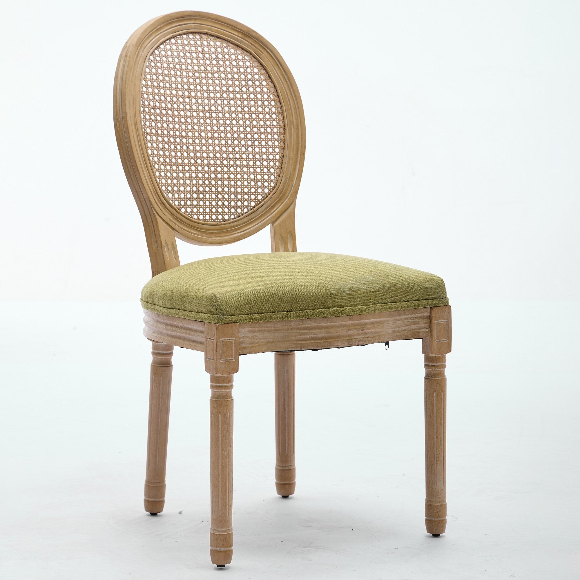 A&A Furniture,French Style Solid Wood Frame Antique Painting Linen Fabric Rattan Back Dining Chair,Set of 2,Olive-Green - Grand Goldman Shop
