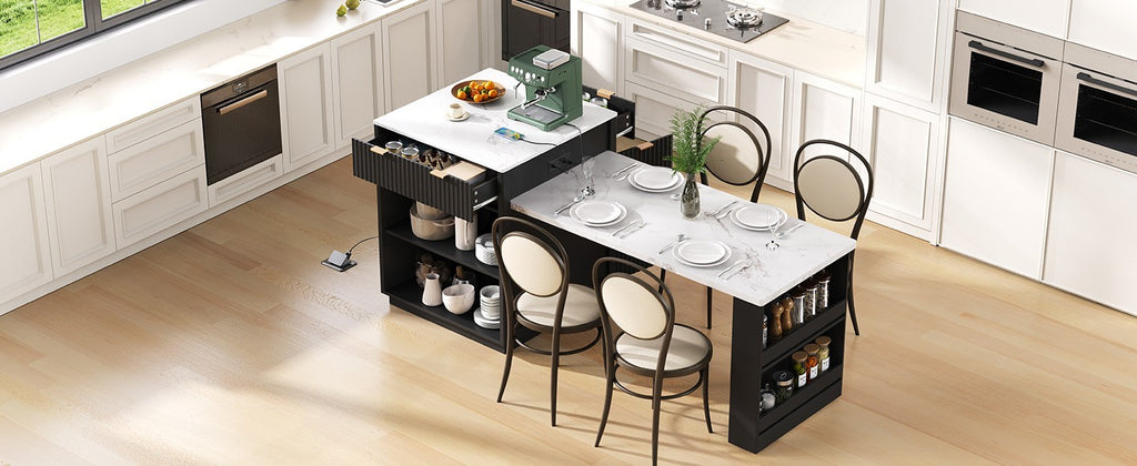 K&K 82.6' Fluted Kitchen Island with Extendable Dining Table for 4-6, Island Table for Kitchen with Power Outlet, Kitchen Table with Double-Side Storage, 2 Drawers 2 Side Open Shelves, Black - Grand Goldman Shop