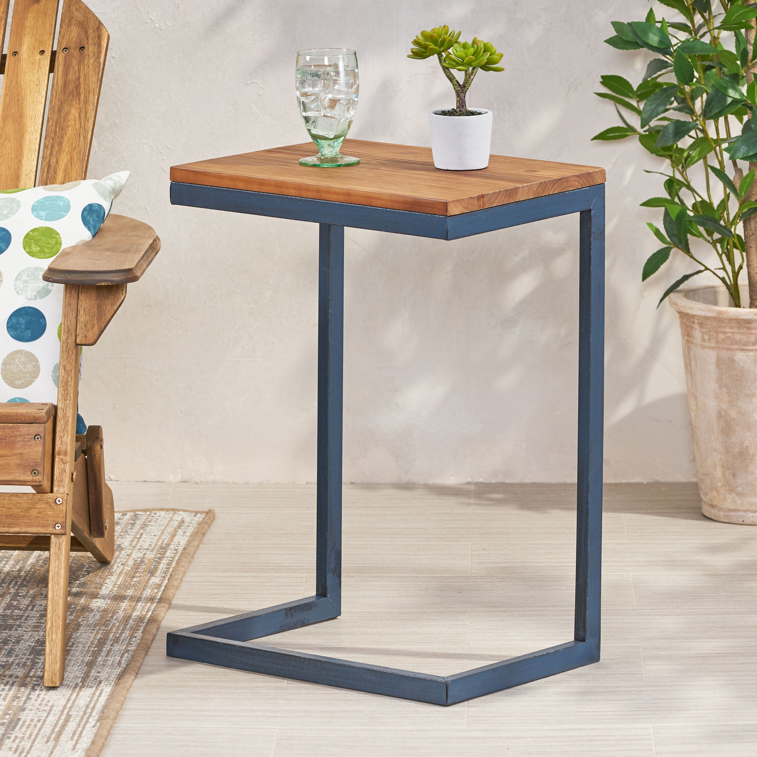 Large C-shaped End Table with Iron Base and Fir Wood Top, Black - Grand Goldman Shop