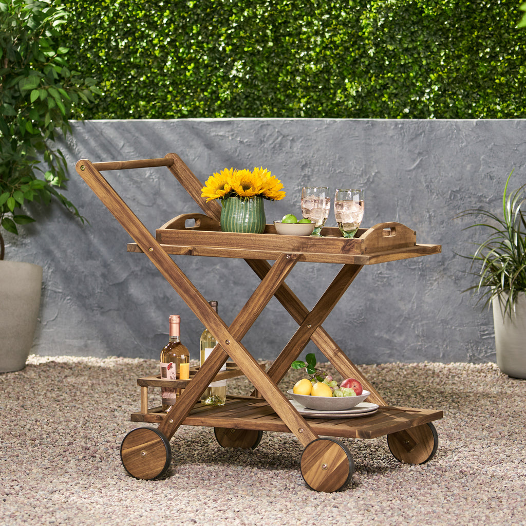 RIVIERA BAR CART Natural Stained Acacia Wood Mobile Bar Cart with Wheels for Entertaining - Grand Goldman Shop