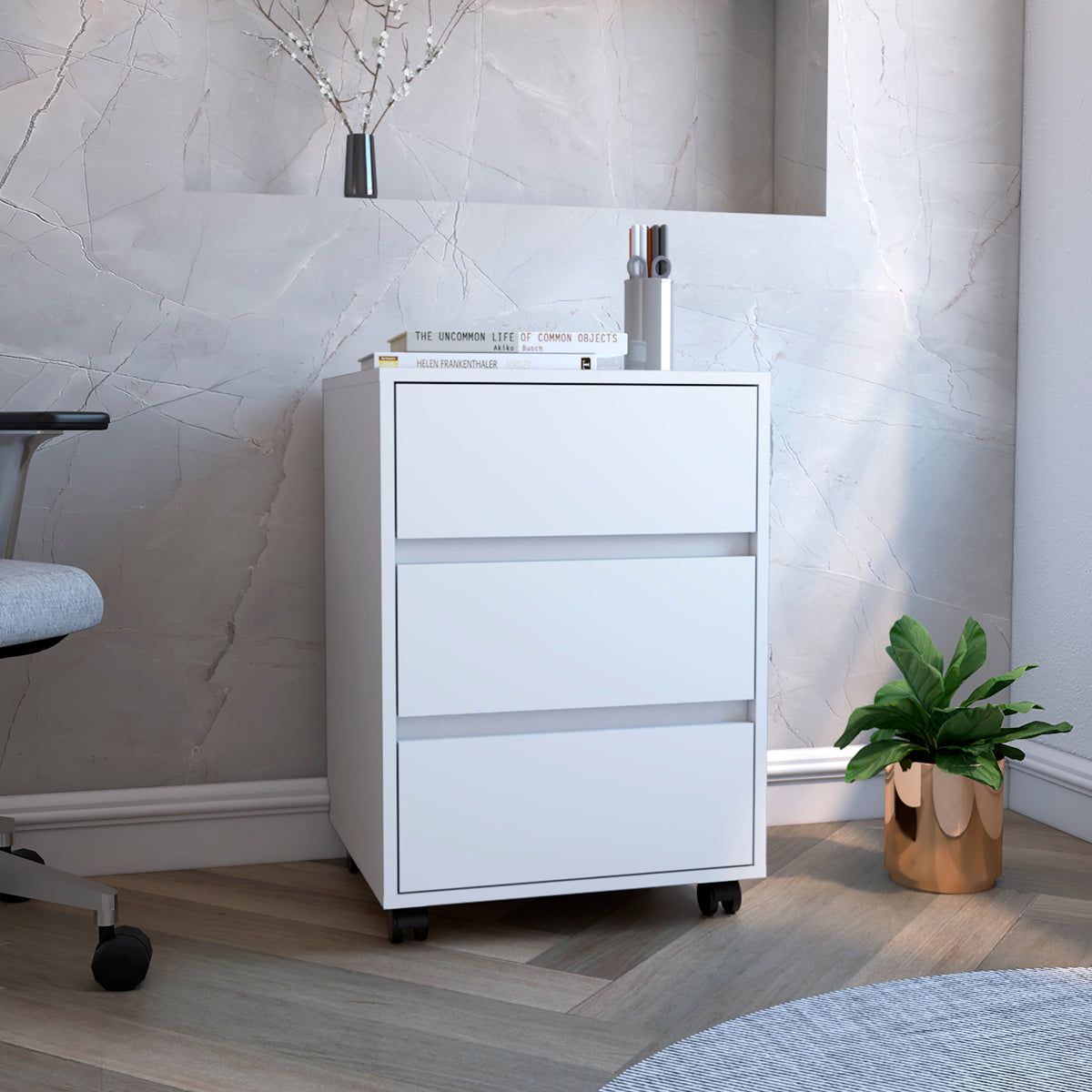Three Drawers Bang, Filing Cabinet, Roller Blade Glide, White Finish | Premium Home Decor - Grand Goldman