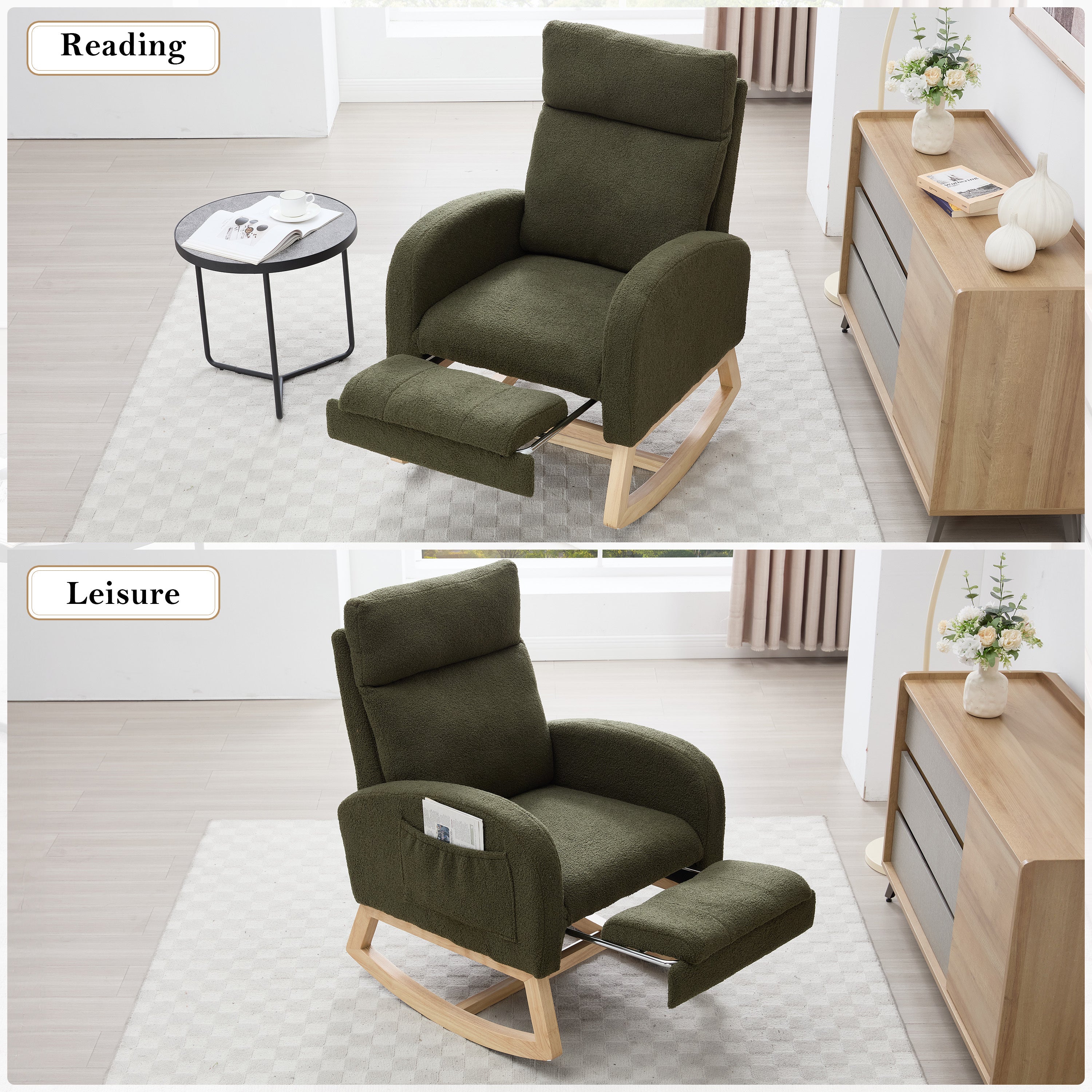 015B-Teddy Fabric Leisure Rocking Chair,Nursery Rocking Chair With Adjustable Footstool,Thickened Headrest And High Backrest, Storage Pocket On The Right Side,The Base Rocker Is Solid Wood,Green - Grand Goldman Shop