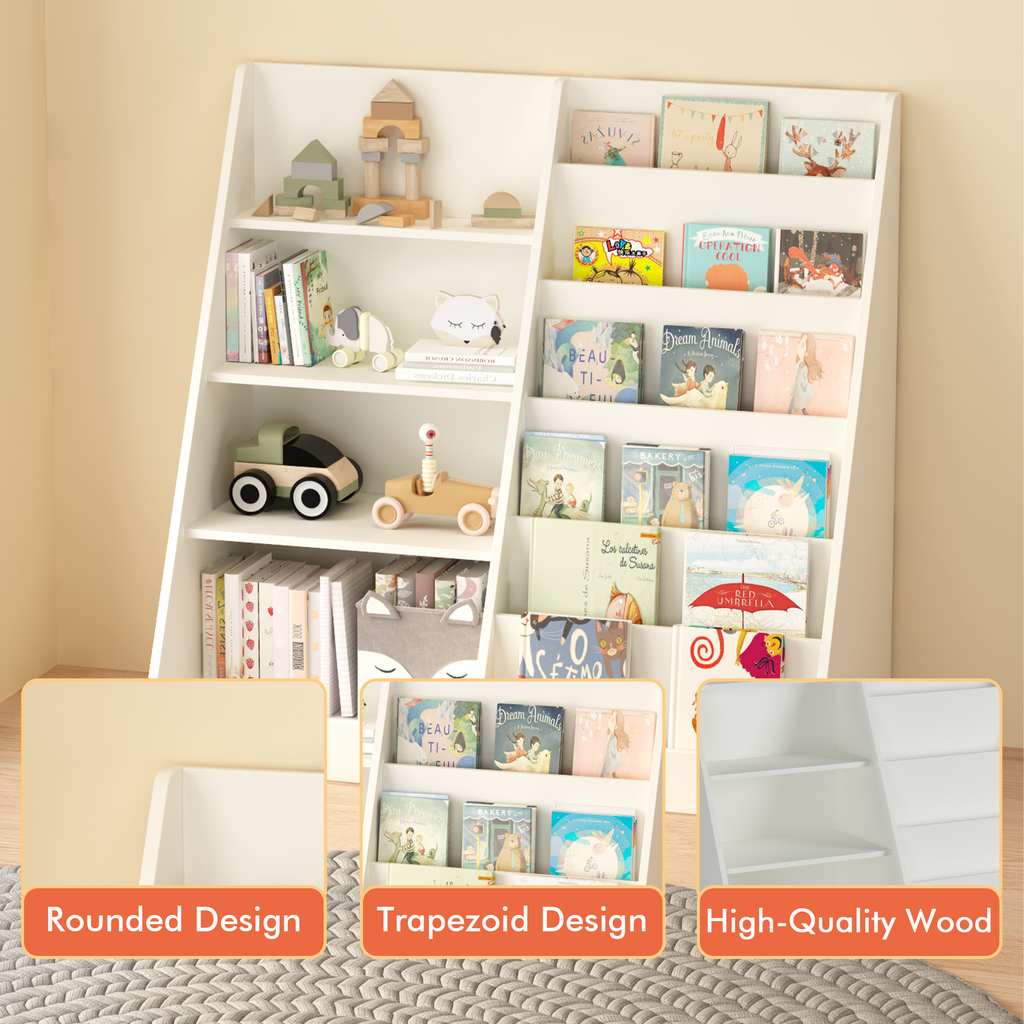 Kids Bookshelf and Toy Storage Organizer, Multifunctional 4-Tier White Wooden Bookcase with Toy Bin for Nursery, Playroom, or