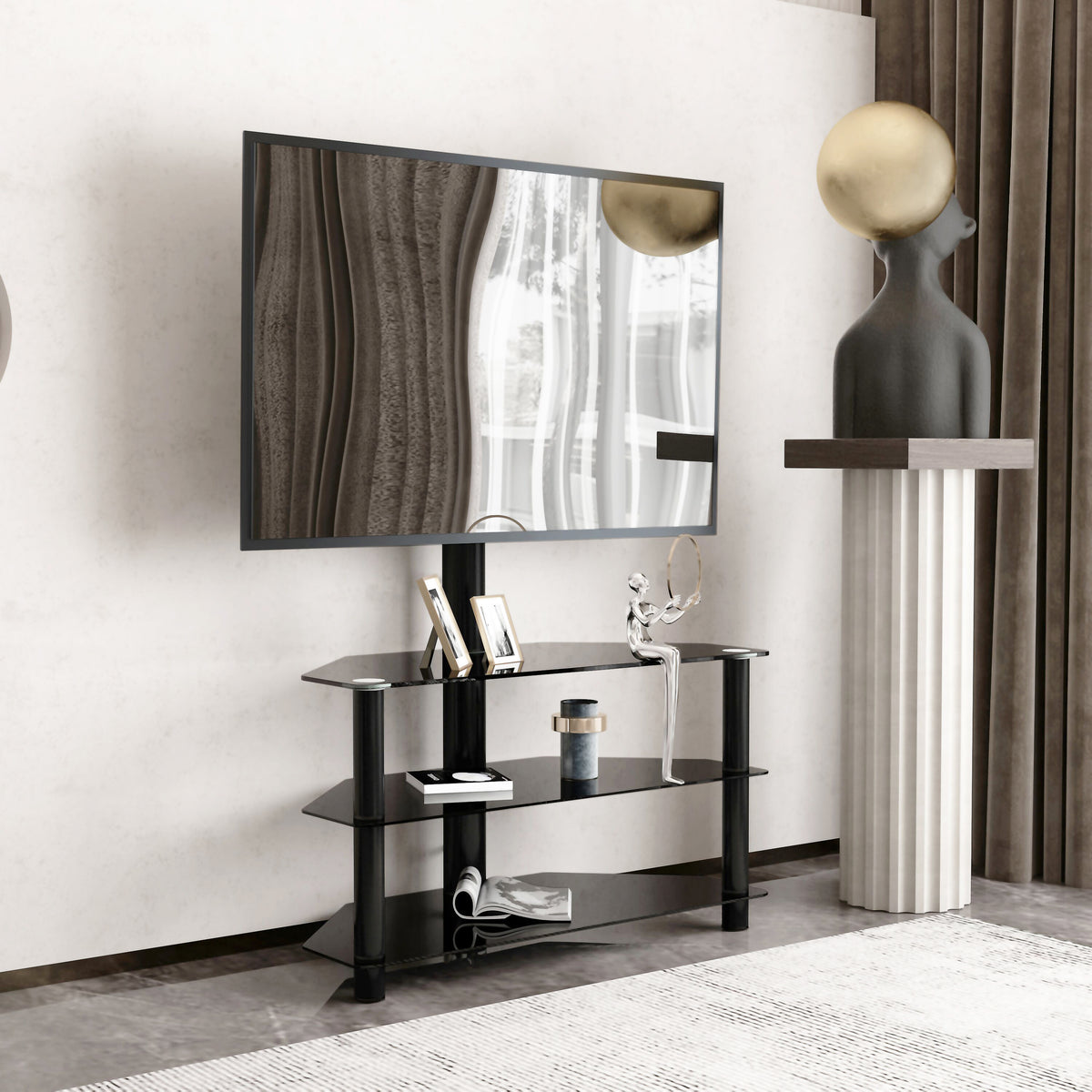 35.4 inch Black Multi-function TV Stand Height Adjustable Bracket Swivel 3-Tier - Grand Goldman Shop