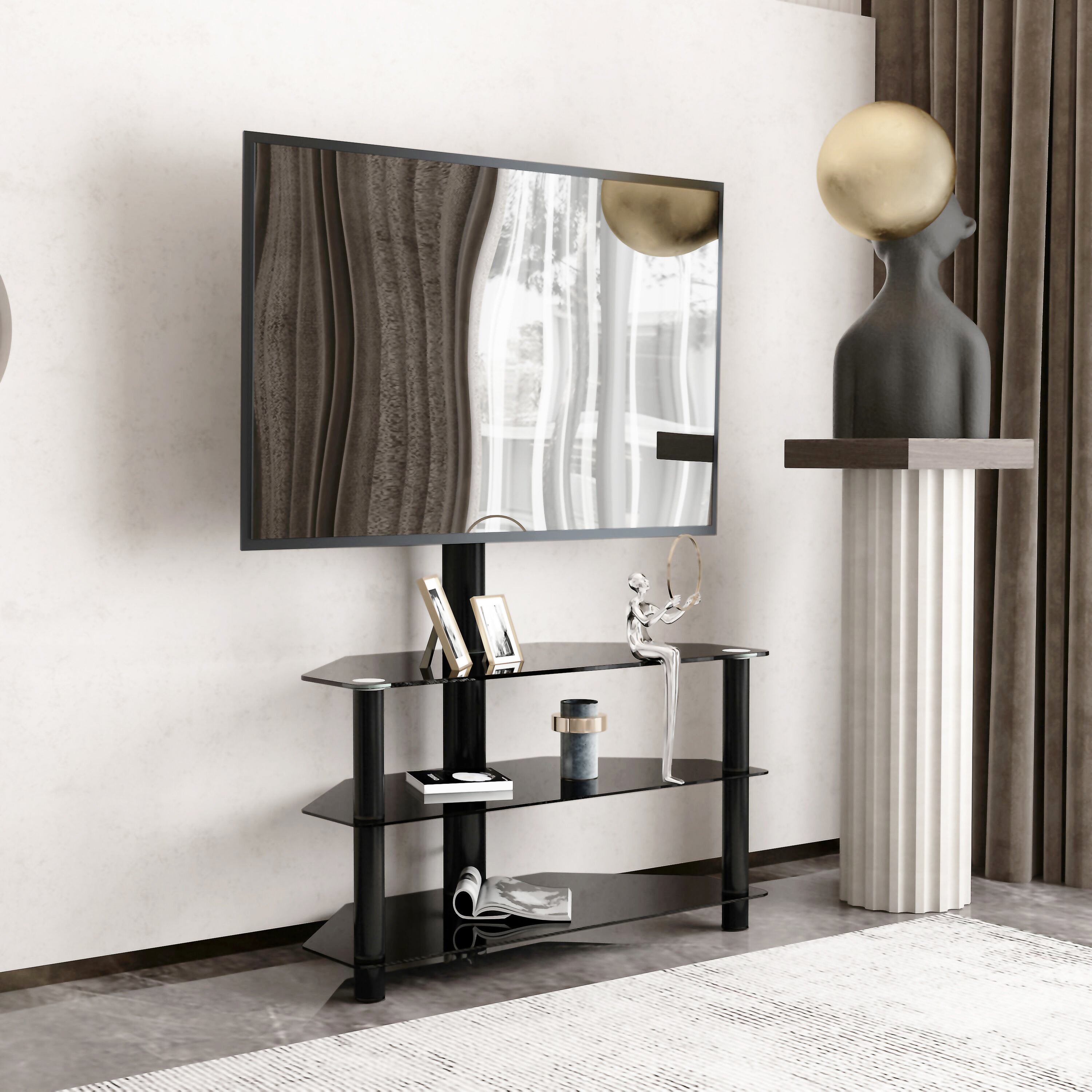35.4 inch Black Multi-function TV Stand Height Adjustable Bracket Swivel 3-Tier - Grand Goldman Shop