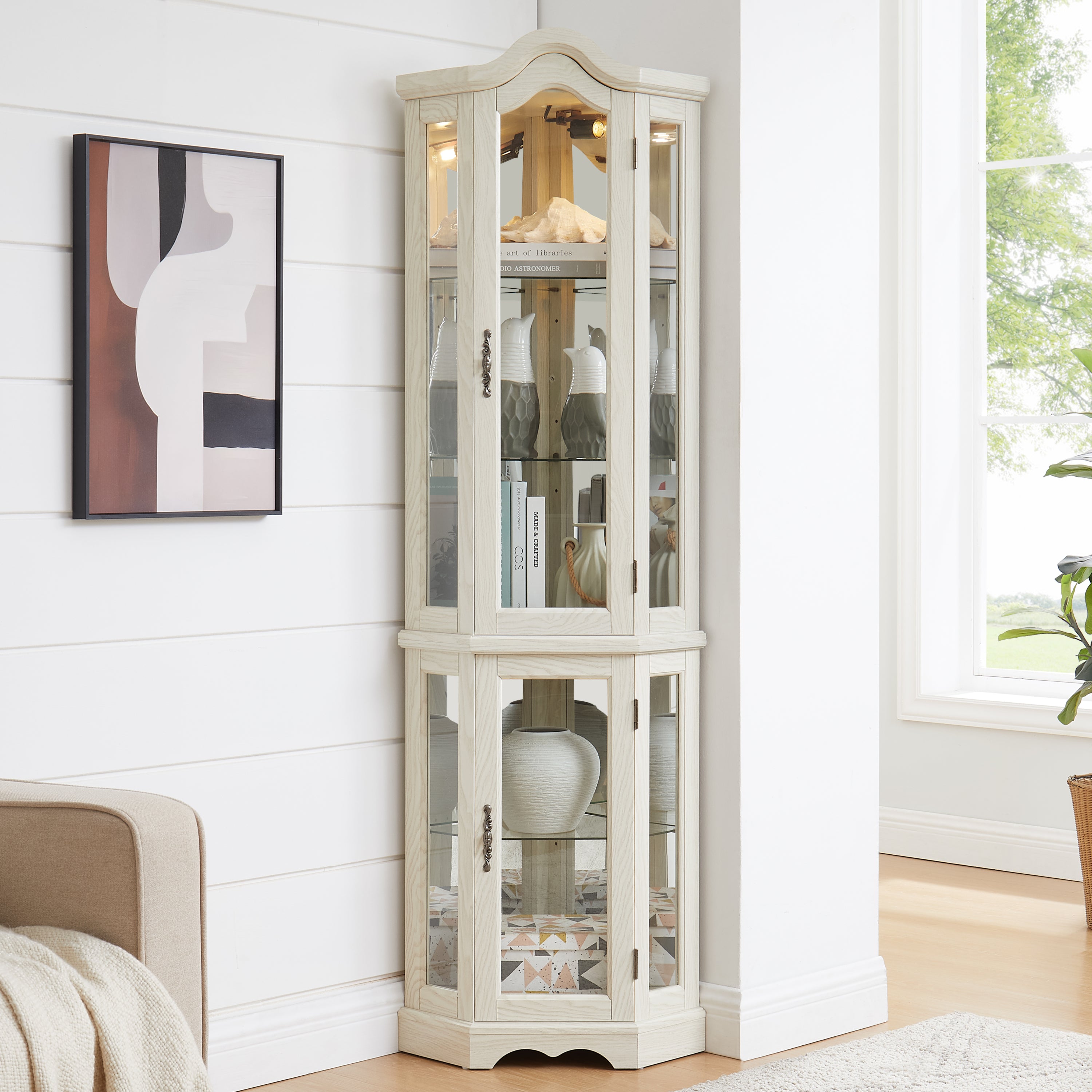 Curio Cabinet Lighted Glass Display Curio Cabinet w/Tempered Glass Doors and Shelves, Crown Corner Cabinet with Bulb, Corner Storage Decoration for Living room and Bedroom WHI - Grand Goldman Shop