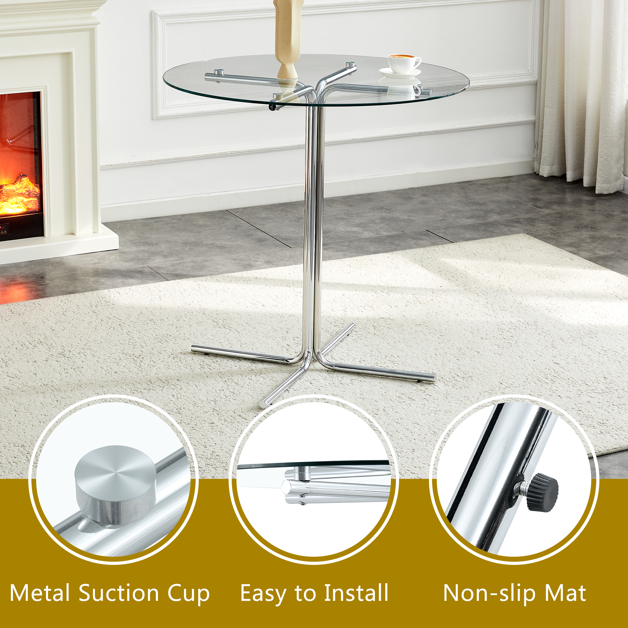 Round glass bar high table, 36 inch round bar table, tempered glass tabletop, sturdy silver chrome plated four column support, suitable for transparent round bar tables in small spaces, kitchens - Grand Goldman Shop