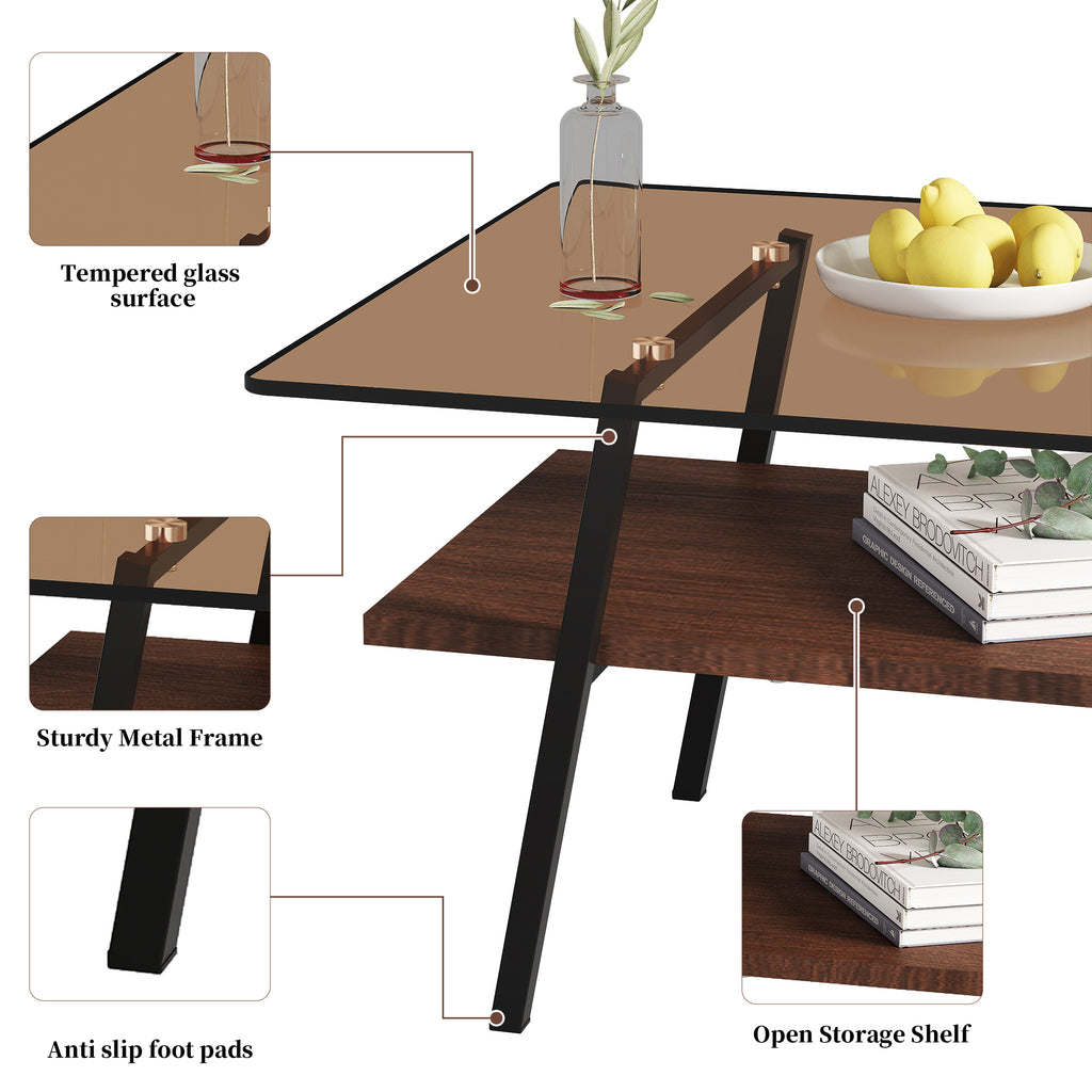 Modern Rectangular Coffee Table with Tempered Brown Glass Top and MDF Layer – Table for Living Room - Grand Goldman Shop