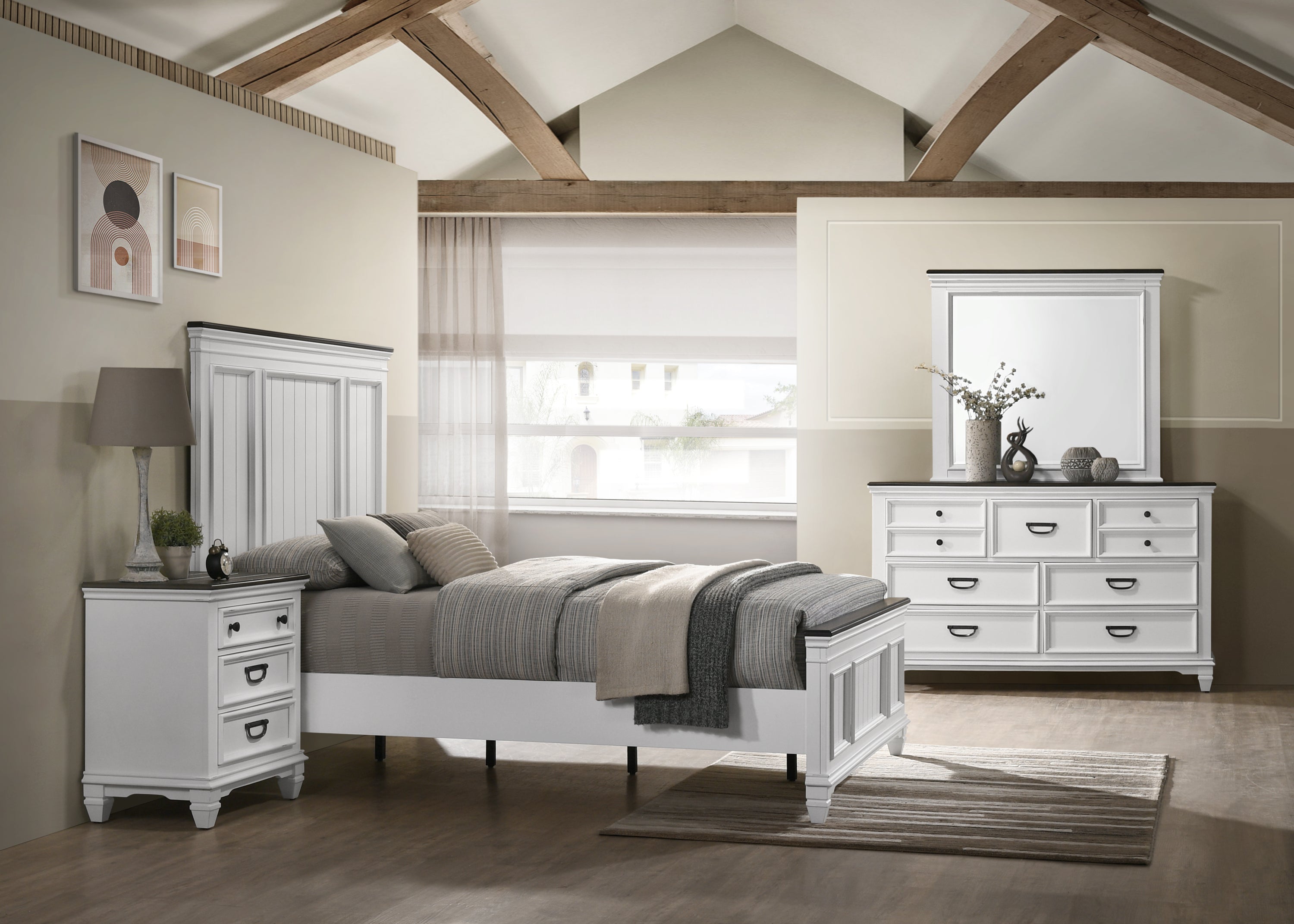 Clelane Wood Bedroom Set with Shiplap Panel Queen Bed, Dresser, Mirror, and Two Nightstands - Grand Goldman Shop