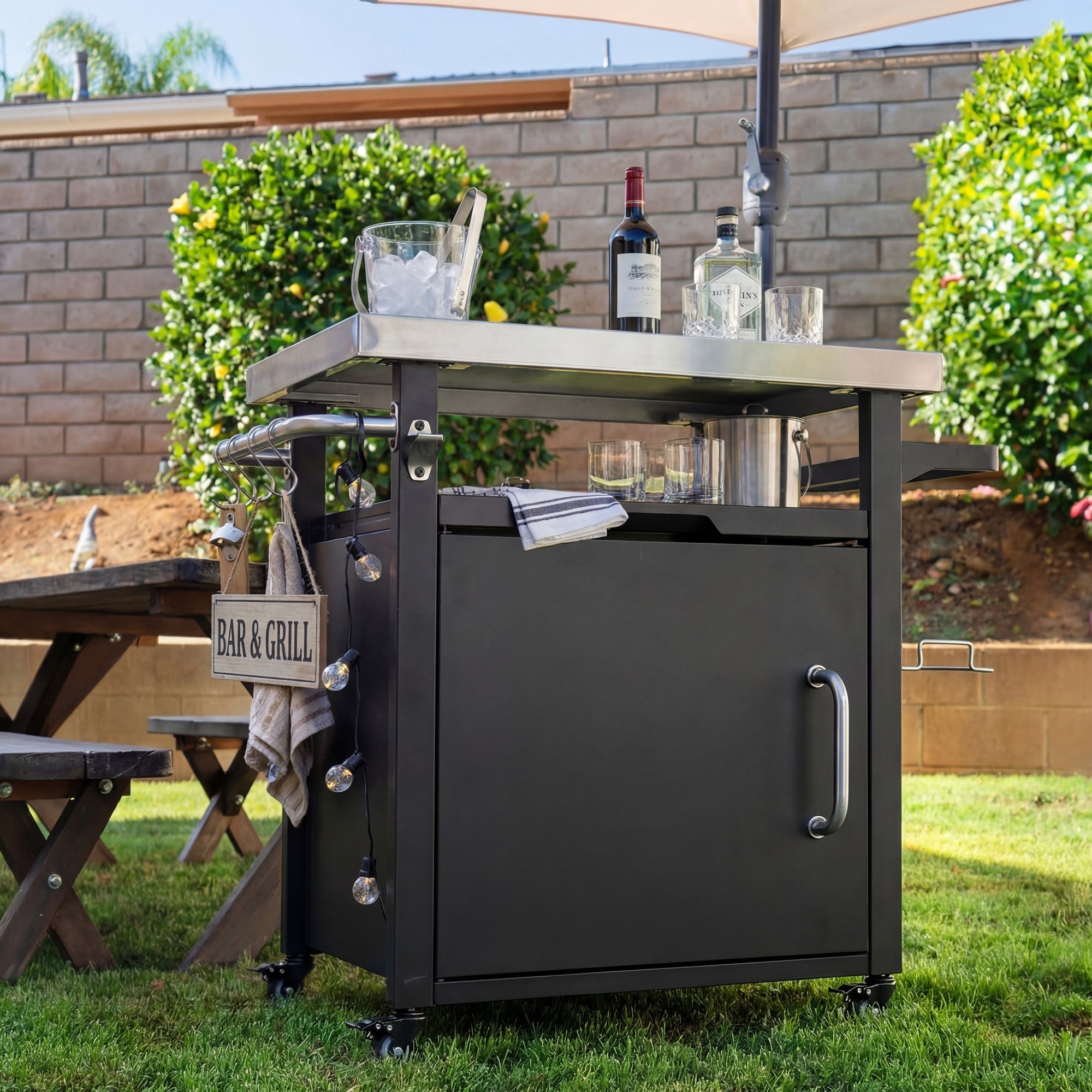 K&K 39.5' Outdoor Grill Cart with Storage Cabinet, Outdoor Bar Cart Pizza Oven Table with Wheels, Stainless Steel Top, Outdoor Kitchen Island with Spice & Paper Rack for BBQ, Waterproof Cover Included - Grand Goldman Shop