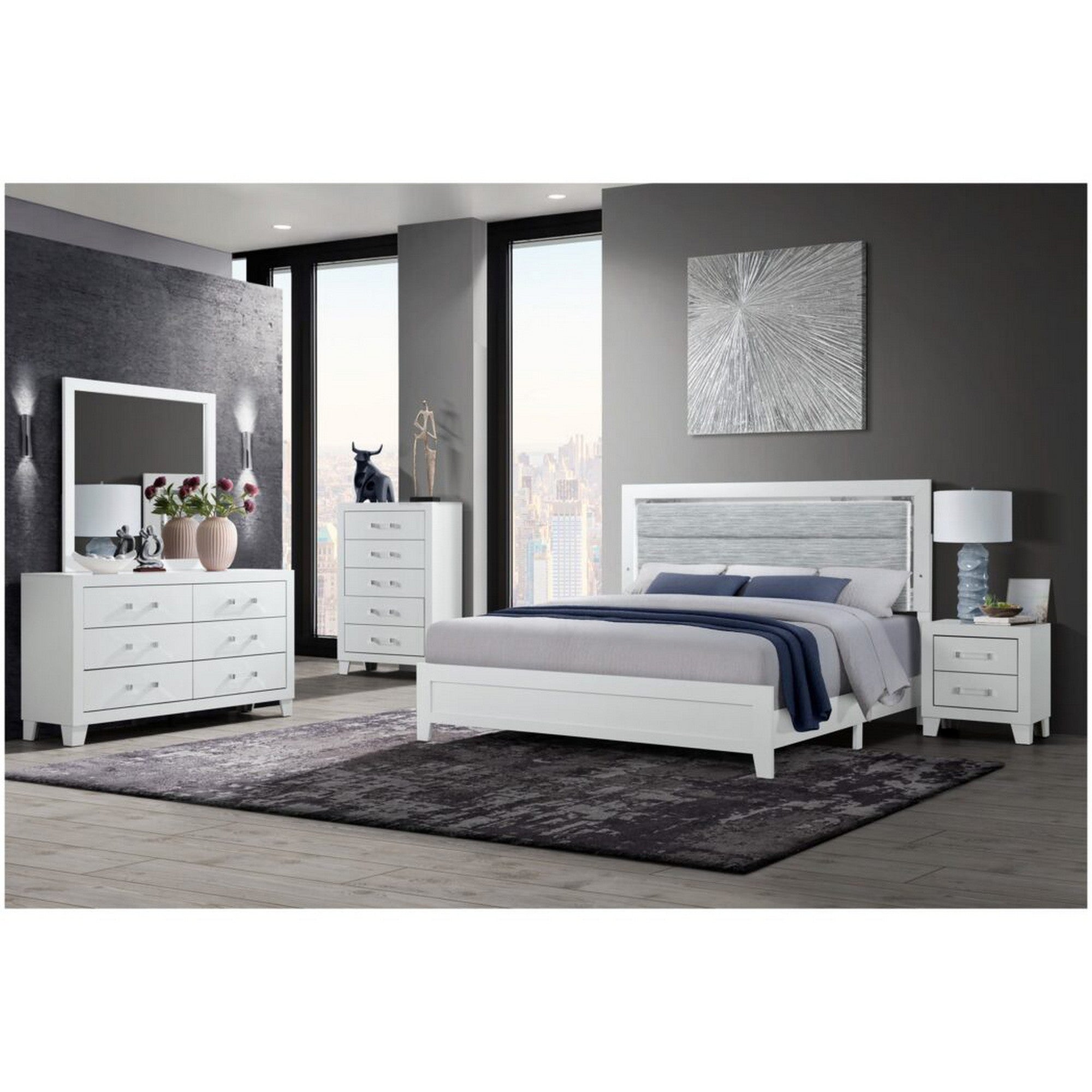 OMODA 5PC Full Bedroom Set with LED Accent Lighting in White Rubber Wood Finish - Grand Goldman Shop