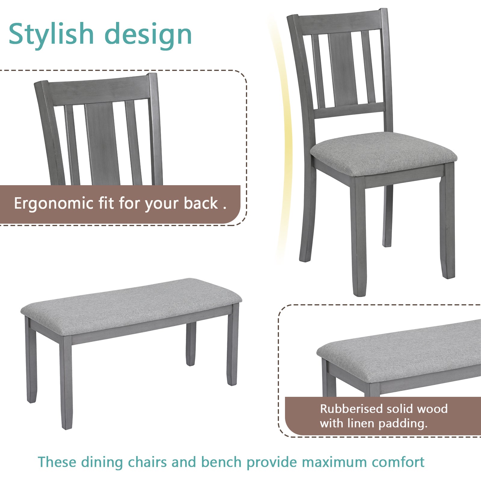 6PCs Kitchen Dining Set, Rectangular Wooden Dining Table with 4 Upholstered Chairs and a Bench, Dining Table Set for 6 People, Living Room, Home Bar and Kitchen, Gray - Grand Goldman Shop
