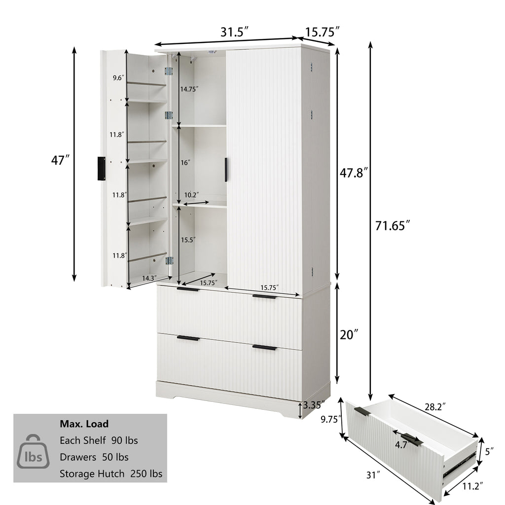 72' Modern Fluted Kitchen Pantry Cabinet with 2 Large Drawers & 8-Door Spice Rack, White MDF Freestanding Storage Organizer for Bathroom, Dining Room, Office, Entryway - Grand Goldman Shop