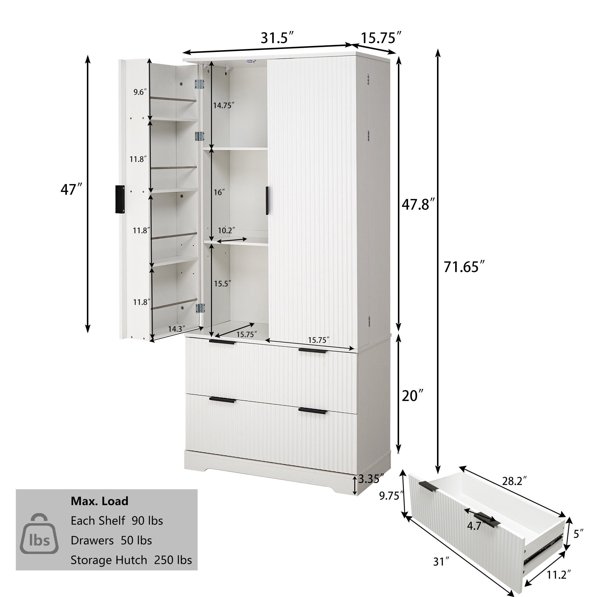 72' Modern Fluted Kitchen Pantry Cabinet with 2 Large Drawers & 8-Door Spice Rack, White MDF Freestanding Storage Organizer for Bathroom, Dining Room, Office, Entryway - Grand Goldman Shop