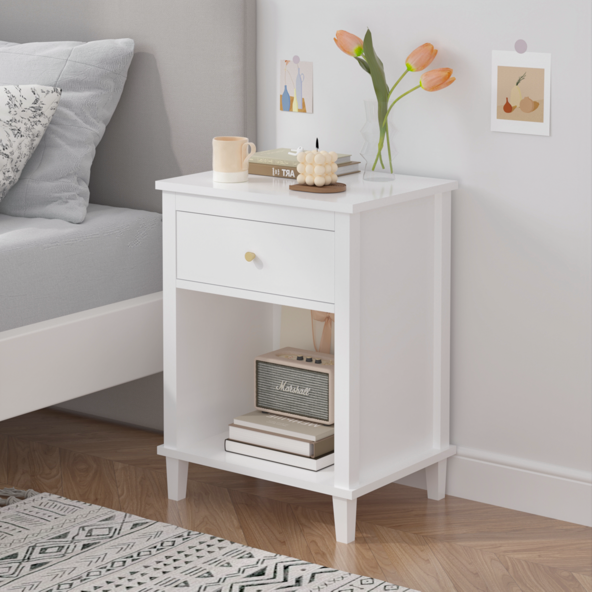 26.77''H White Wooden Nightstand with One Drawer and Shelf, Golden Handle, MDF Construction for Kids and Adults - Grand Goldman Shop