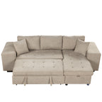Modern L-Shape 3 Seat Reversible Sectional Couch with Pull Out Sleeper, Storage Chaise & 2 Stools, Cream, Linen Chenille - Grand Goldman Shop