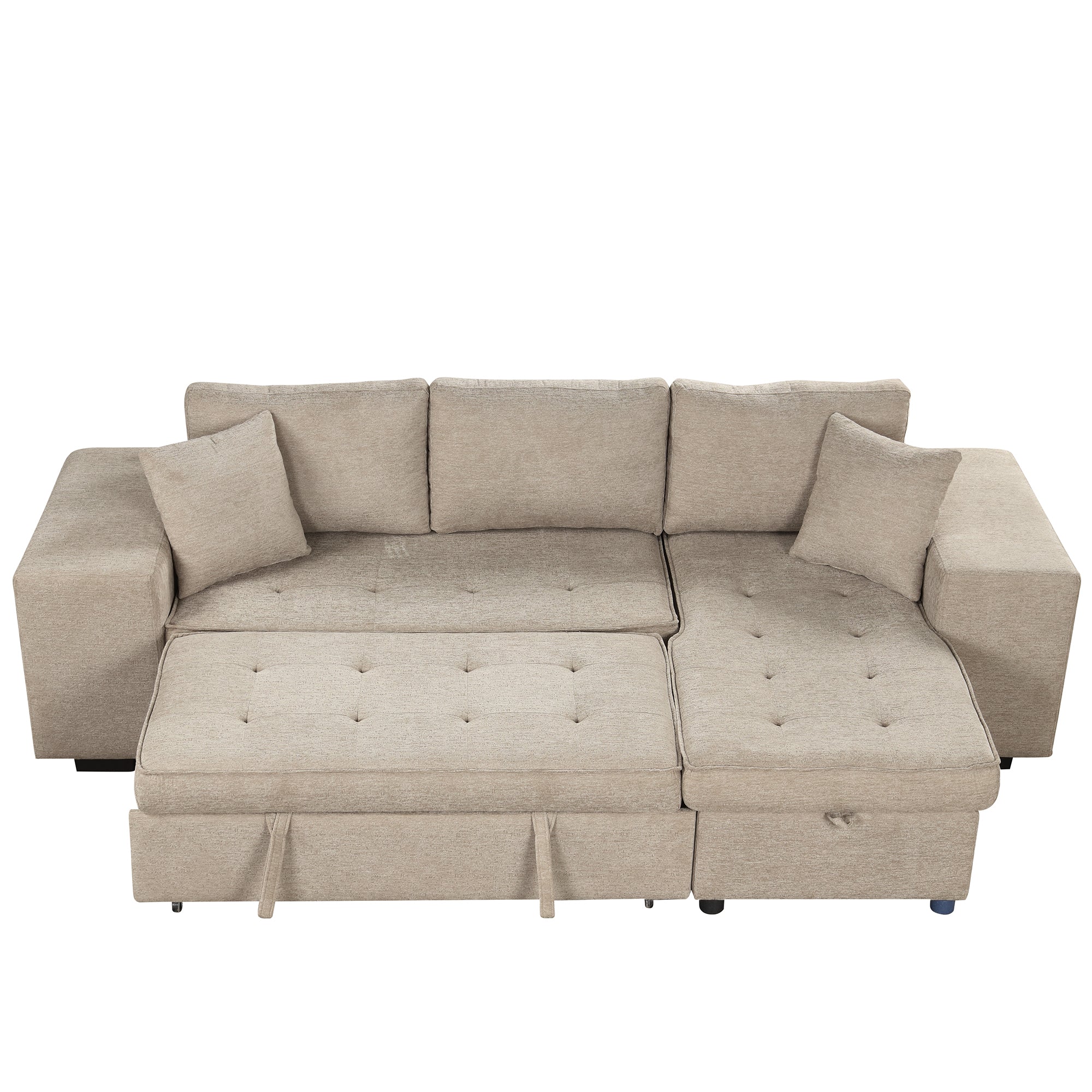 Modern L-Shape 3 Seat Reversible Sectional Couch with Pull Out Sleeper, Storage Chaise & 2 Stools, Cream, Linen Chenille - Grand Goldman Shop