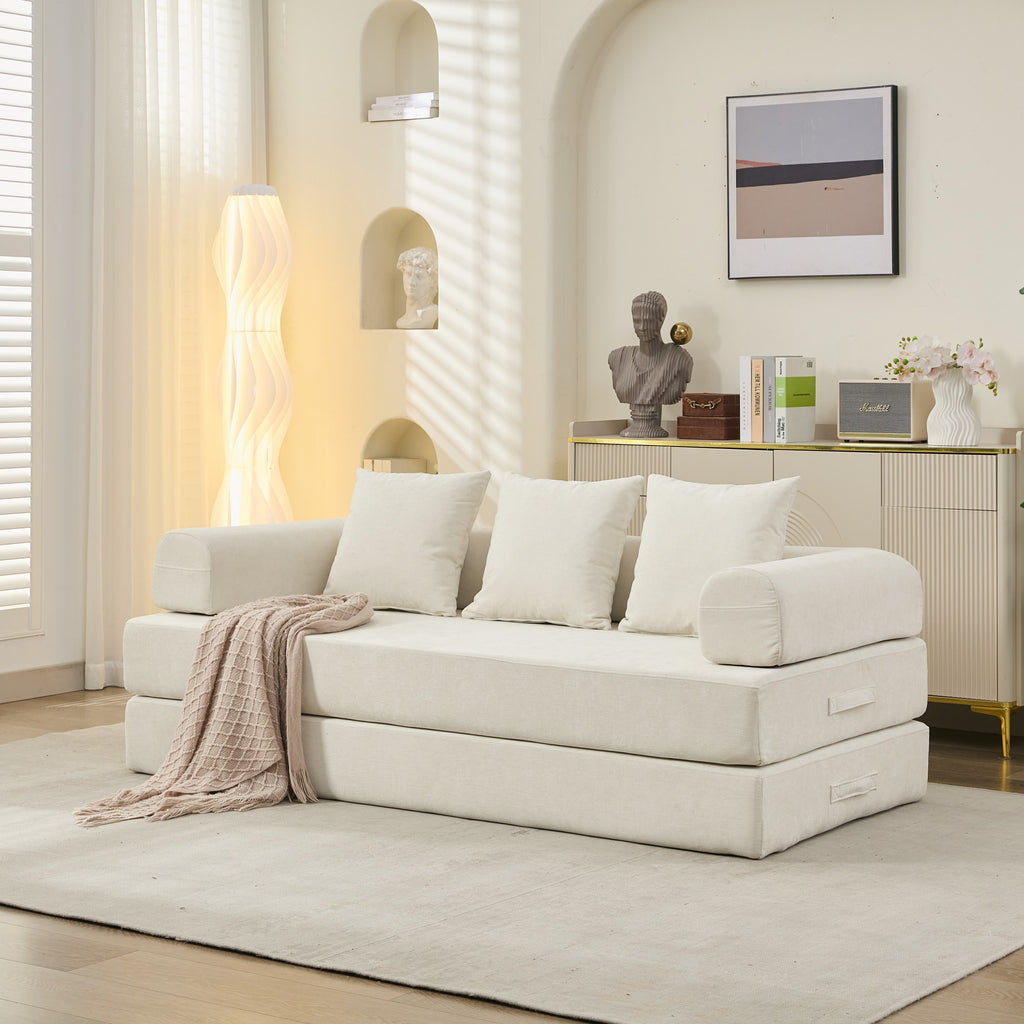 Comfy Convertible Folding Mattress Couch, Floor Sofa Bed, Chenille Floor Sofa with Armrest, Floor Sofa Lounge Couch for Living Room Bedroom Lounge Studio-Beige - Grand Goldman Shop