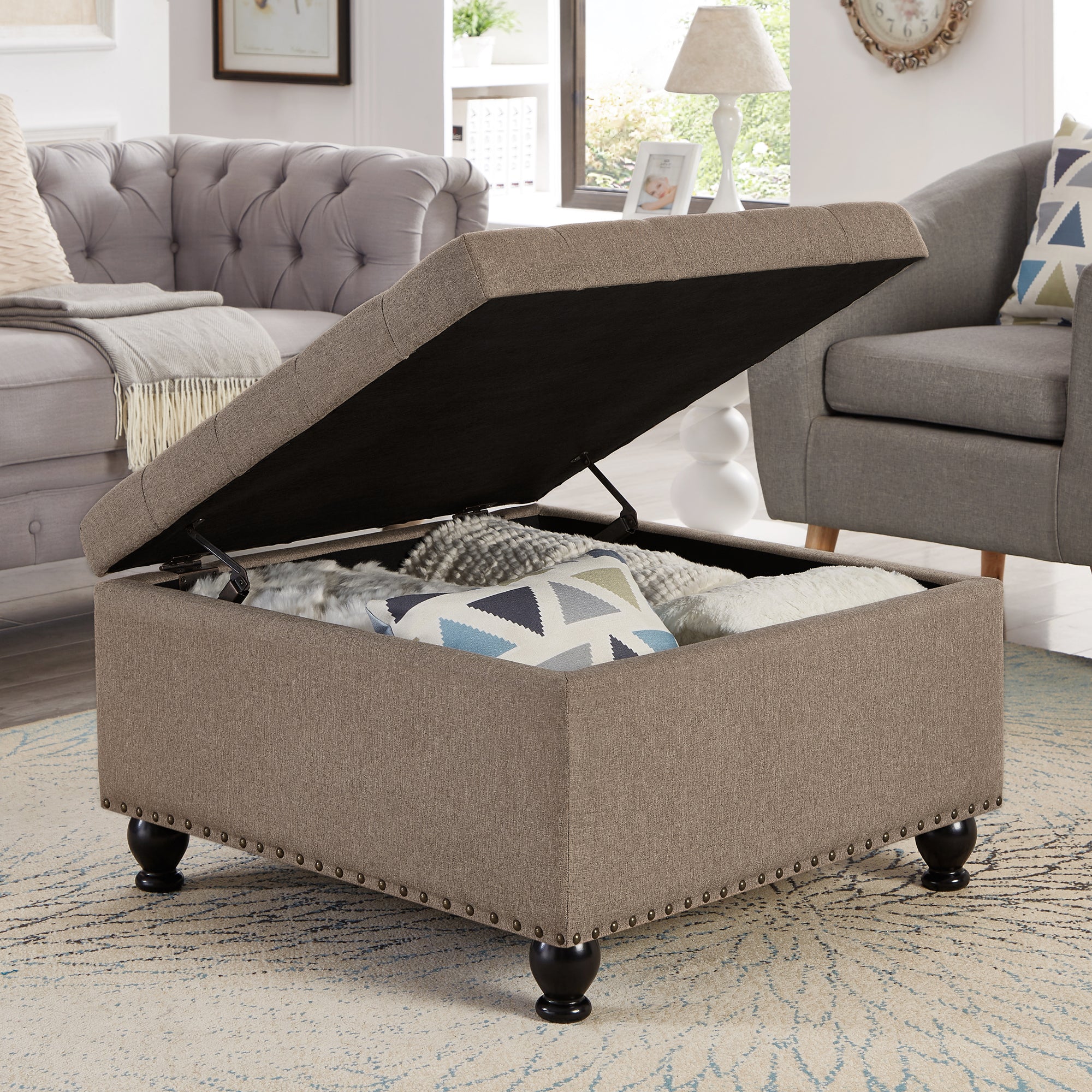 Large square storage ottoman with wooden legs, Upholstered button tufted coffee table with nail trims for for Living Space,Linen - Grand Goldman Shop