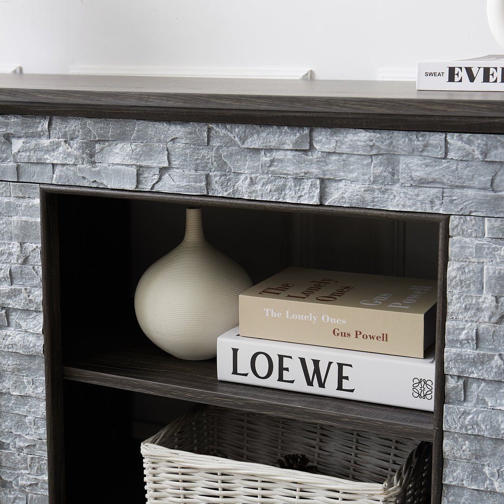 Mantel Stone TV Media Stand with with Faux Stacked Stone Surround, Modern Entertainment Console with Open Storage Space,Grey, 58.31'W*15.39'D*26.06'H - Grand Goldman Shop