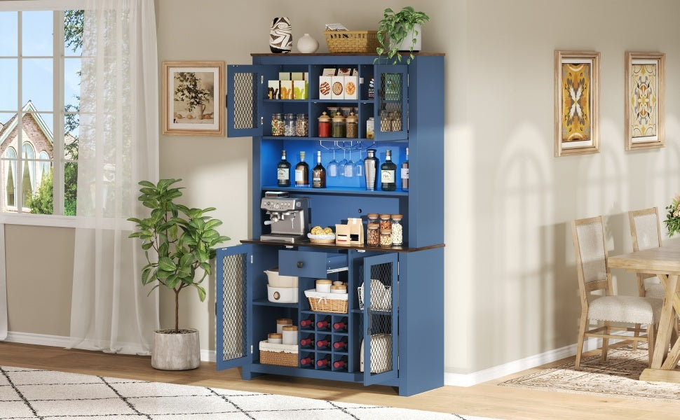 70.9' Kitchen Pantry Storage Cabinet Rustic Buffet Cabinet, Kitchen Hutch Cabinet with LED Outlets Food Pantry Cabinet with Doors and Shelves Wine Rack for Dining Room, Navy Blue - Grand Goldman Shop