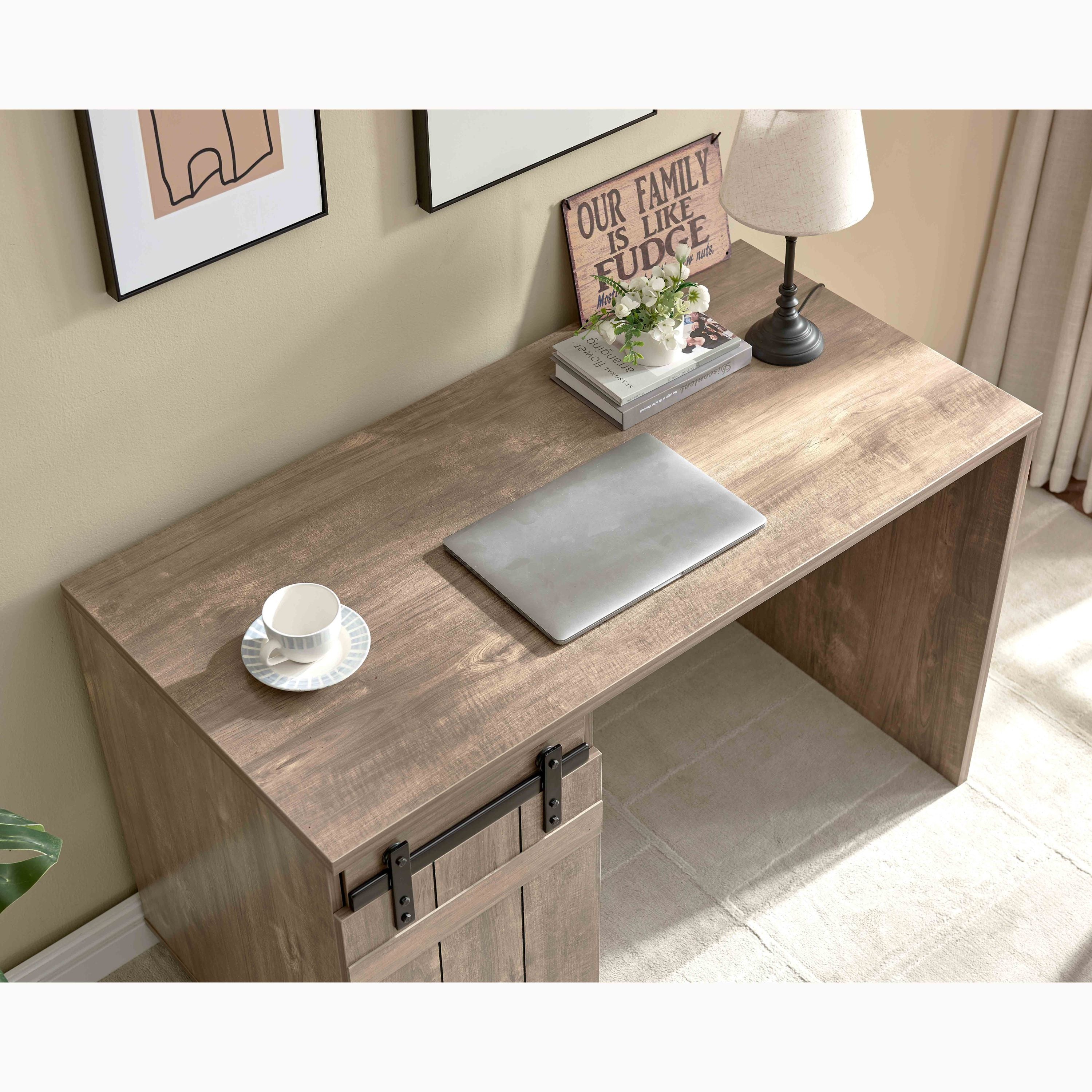 Home Office Desk Hazelnut One Cabinet Three Shelves Faux Barn Door on Metal Euro Hinges Modesty Panel | Premium Home Decor - 