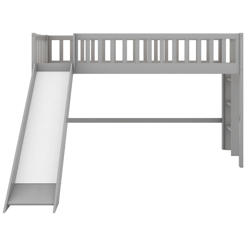 Twin Size Low Loft Bed with Ladder and Slide, Gray(OLD SKU:WF196418AAE) - Grand Goldman Shop