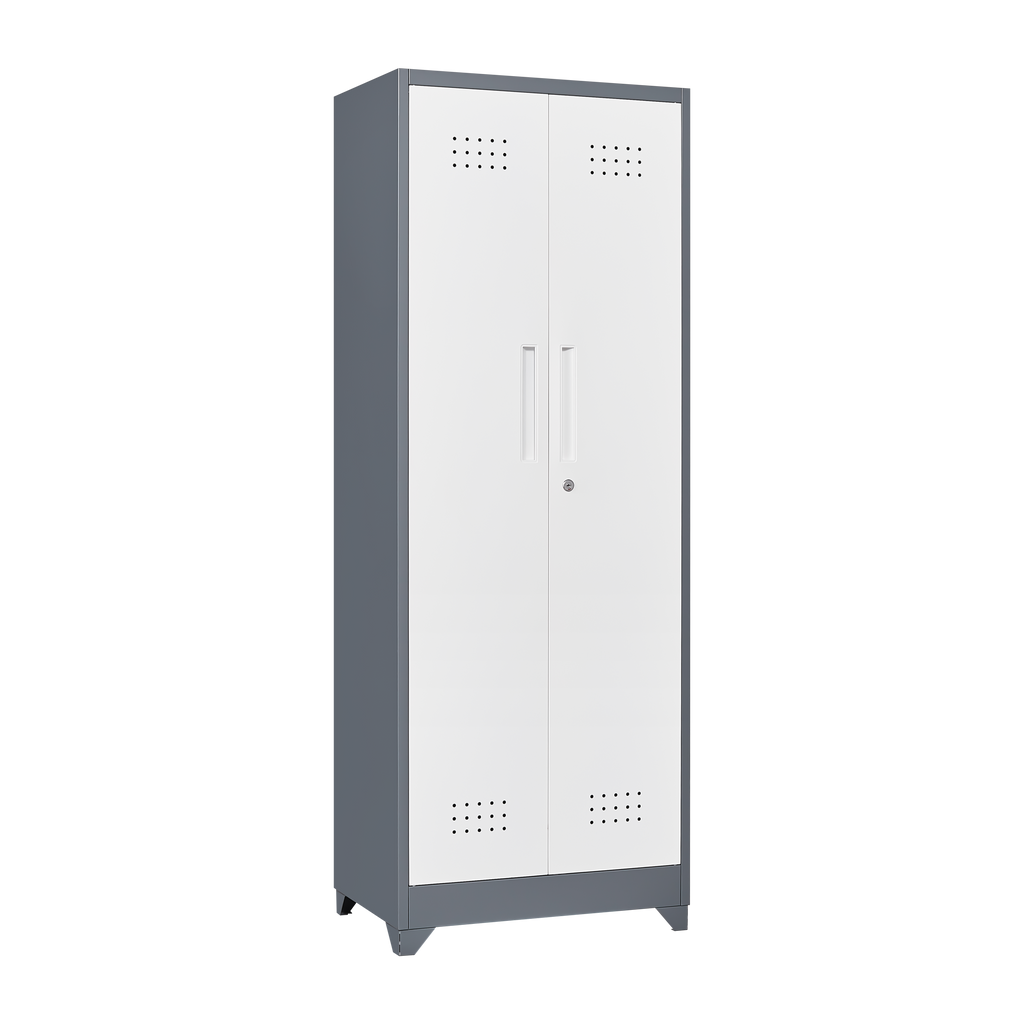 Heavy Duty Grey Metal Storage Cabinet with Locking Doors, Hanging Rod & Shelves, 65' H Broom Closet for Garage or Basement - 