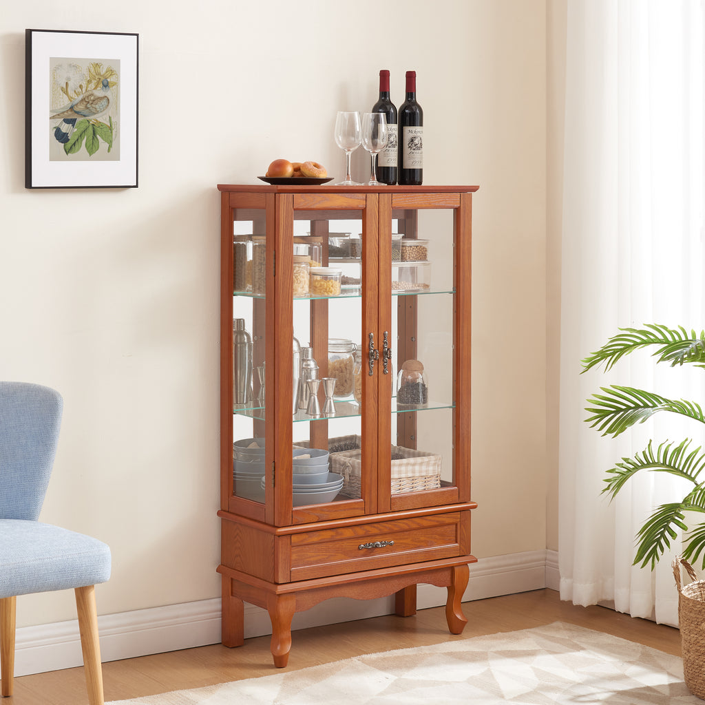 Lighted Glass Cabinet Glass Wine Cabinet Curio Display Cabinet with Adjustable Glass Shelves 2 Doors and 1 drawer Cabinet Bulb Included OAK - Grand Goldman Shop