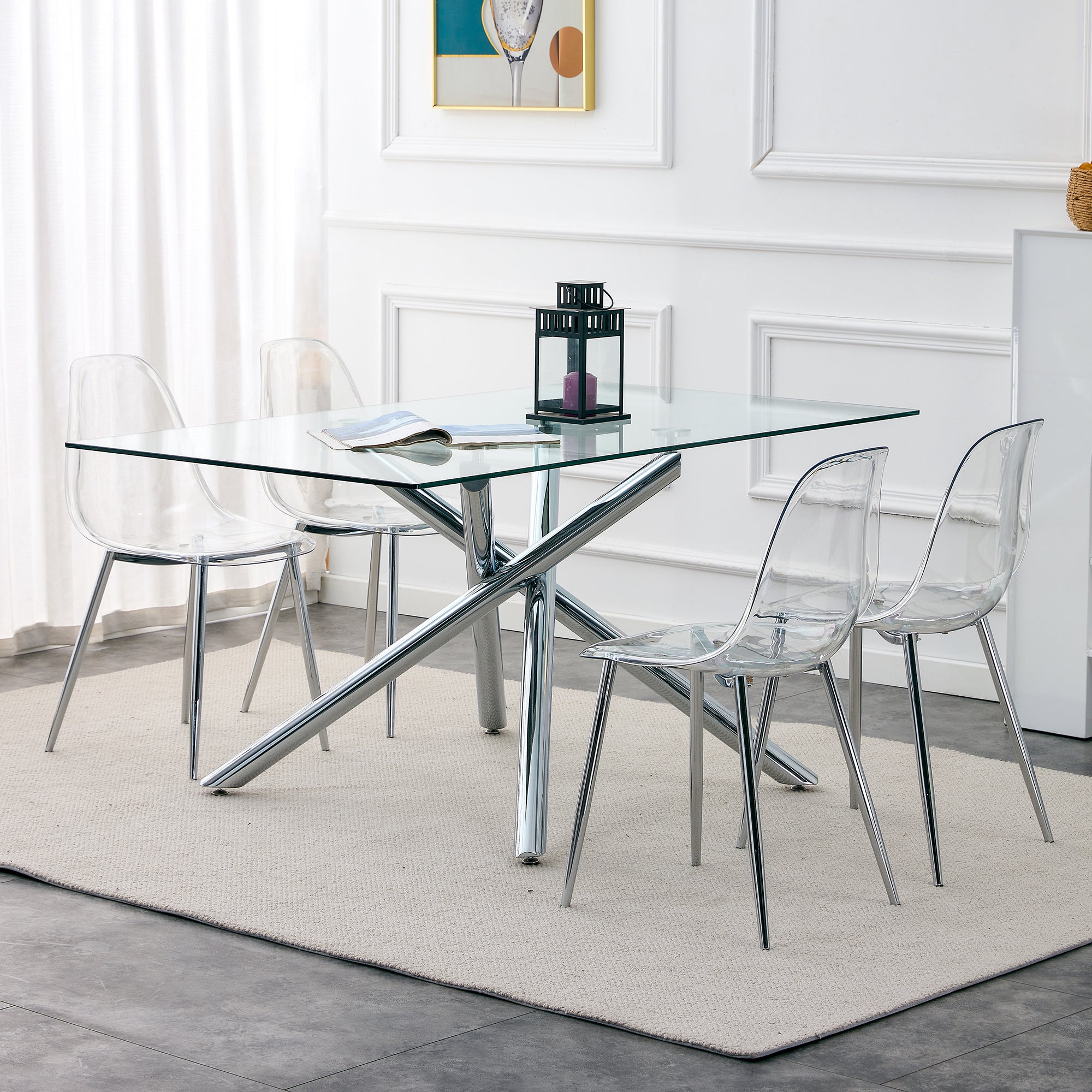 Modern simple transparent dining chair plastic chair armless crystal chair Nordic creative makeup stool negotiation chair Set of 4 and plating metal legW115164140,TW-1200 - Grand Goldman Shop