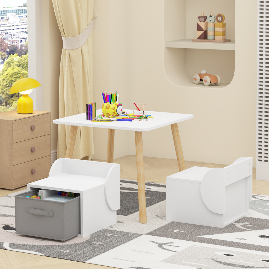 Kids Table and 2 Chair Set with Storage Bins, 3-Piece Toddler Activity Play Table for Arts & Crafts, Reading, Drawing, Wooden