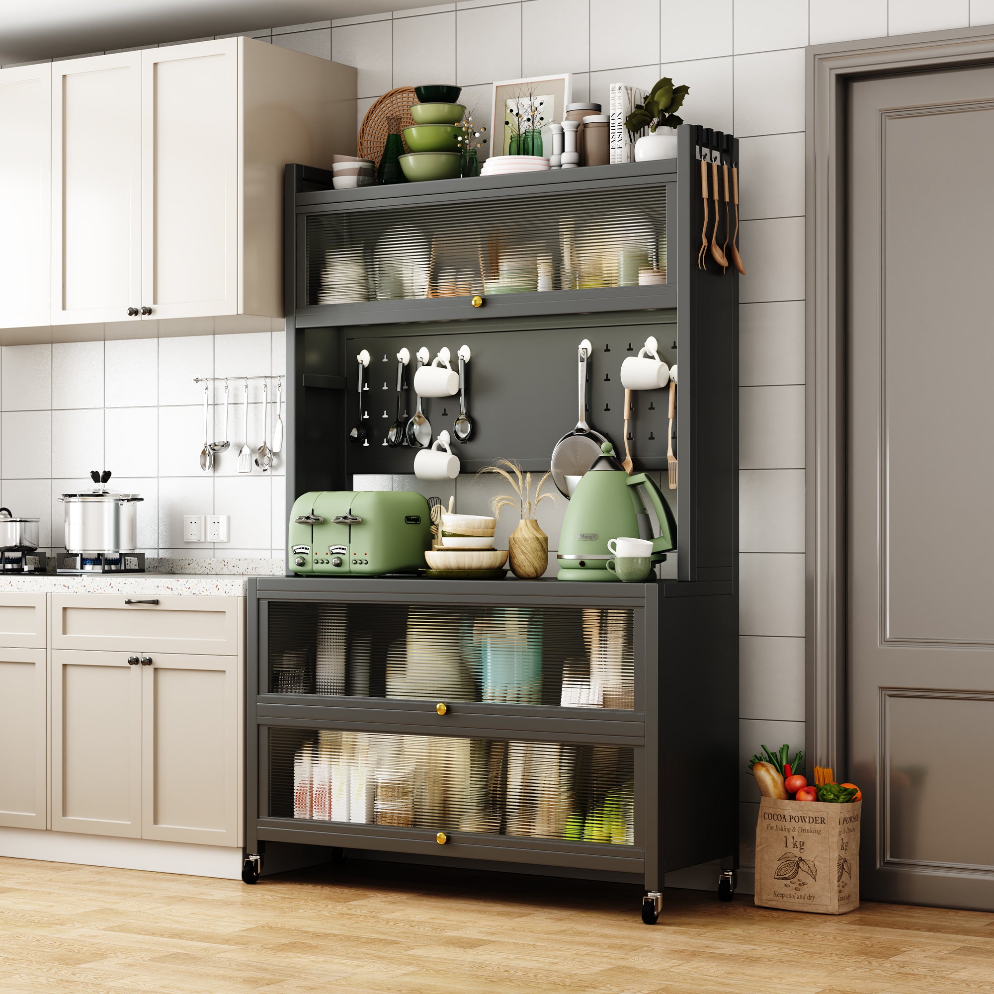 65'' Tall Kitchen Bakers Rack with Flip Door Cabinet, 5 Tier Multifunctional Microwave Stand Buffet, Coffee Bar, Quick Assembly, Gray - Grand Goldman Shop