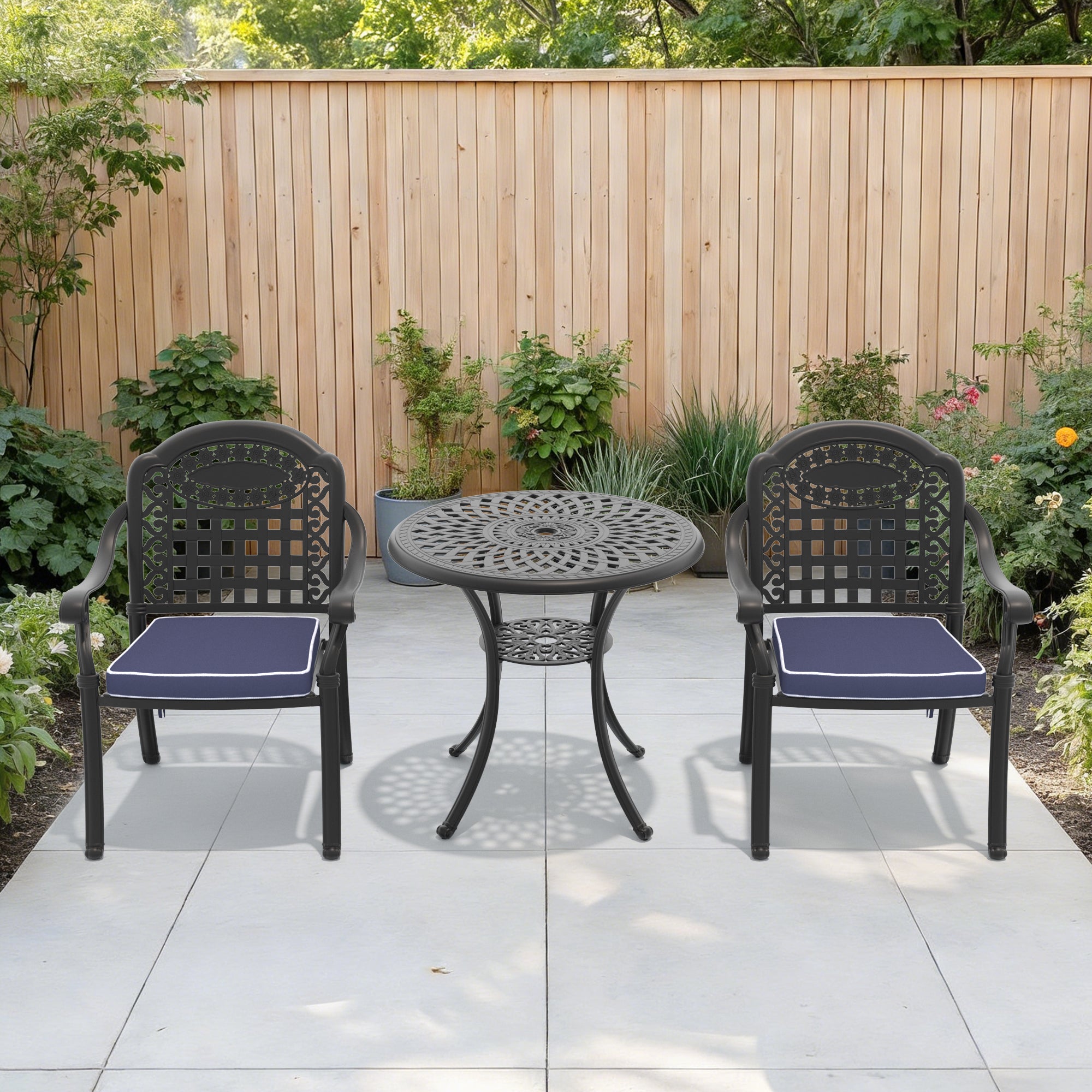 3-Piece Set Of Cast Aluminum Patio Furniture With Blue Cushions