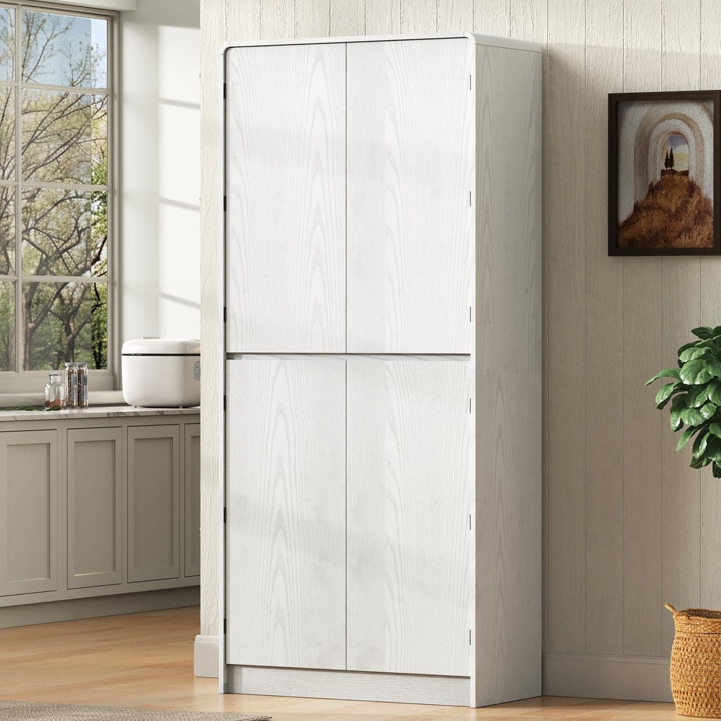 K&K 72' Tall Farmhouse Kitchen Pantry Cabinet with 8 Door Shelves, Curved Design Storage Cabinet with 3 Adjustable Shelves, Hidden Drawer, Versatile Cupboard for Kitchen, Dining & Bathroom, White - Grand Goldman Shop