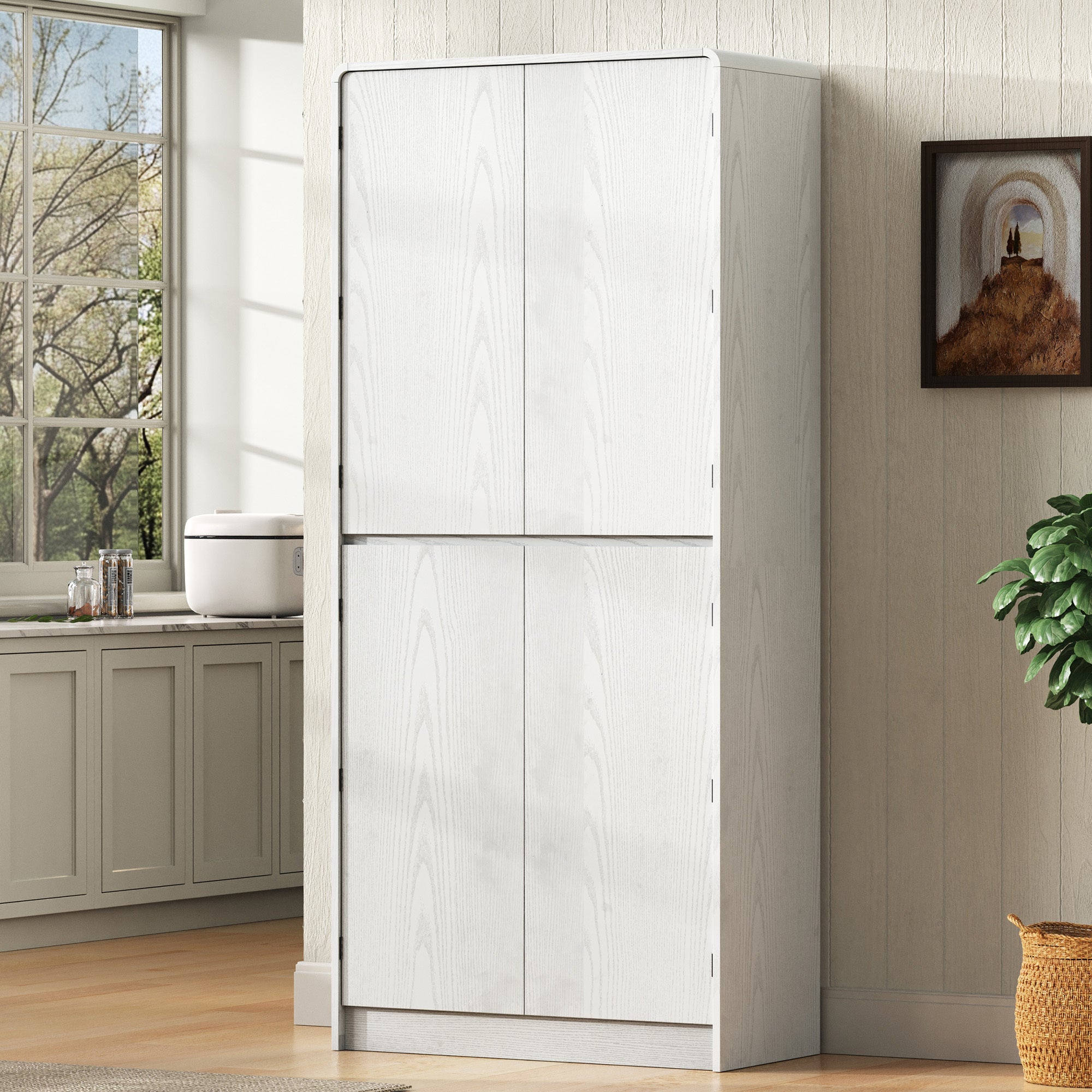 K&K 72' Tall Farmhouse Kitchen Pantry Cabinet with 8 Door Shelves, Curved Design Storage Cabinet with 3 Adjustable Shelves, Hidden Drawer, Versatile Cupboard for Kitchen, Dining & Bathroom, White - Grand Goldman Shop