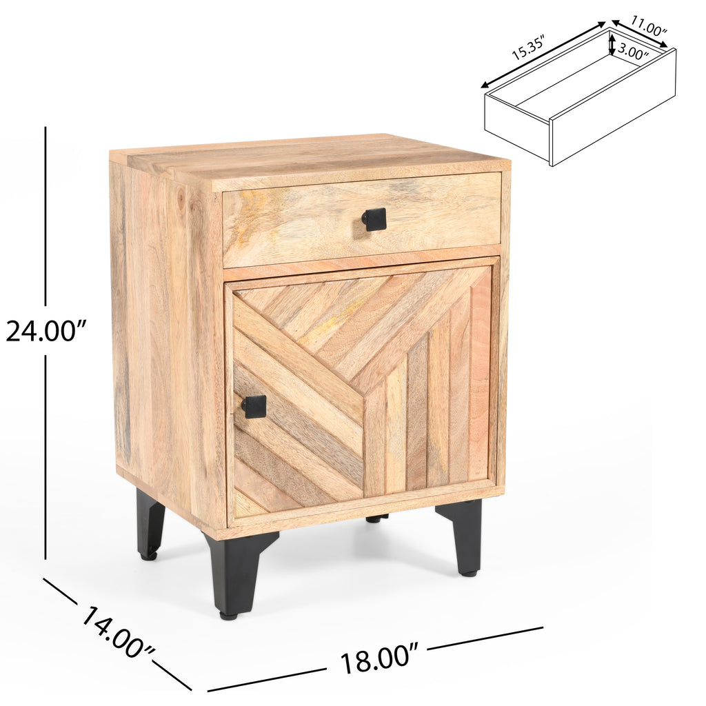 Solid Wood Vintage Nightstand with Handcrafted Detailing in Natural Finish - Grand Goldman Shop