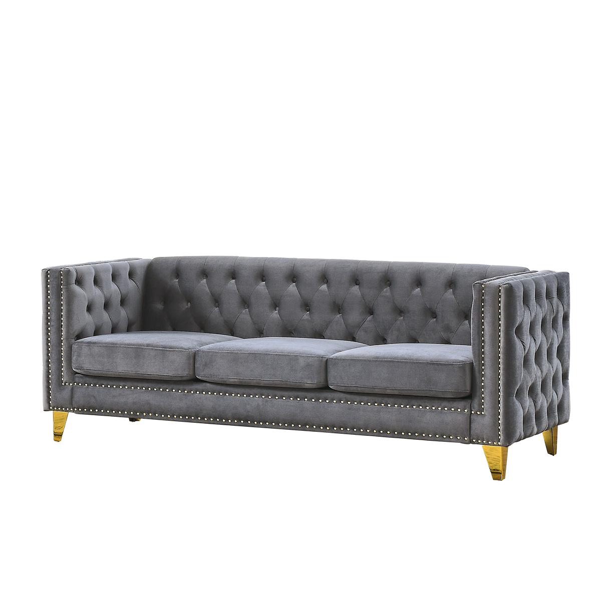 Modern Velvet Sofa with Button Tufting and Metal Legs, Grey Upholstered Couch for Living Room or Bedroom, 3-Seater, Solid Wood Frame, Soft Cotton-Filled Cushions - Grand Goldman Shop