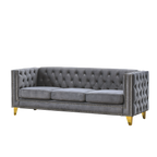 Modern Velvet Sofa with Button Tufting and Metal Legs, Grey Upholstered Couch for Living Room or Bedroom, 3-Seater, Solid Wood Frame, Soft Cotton-Filled Cushions - Grand Goldman Shop