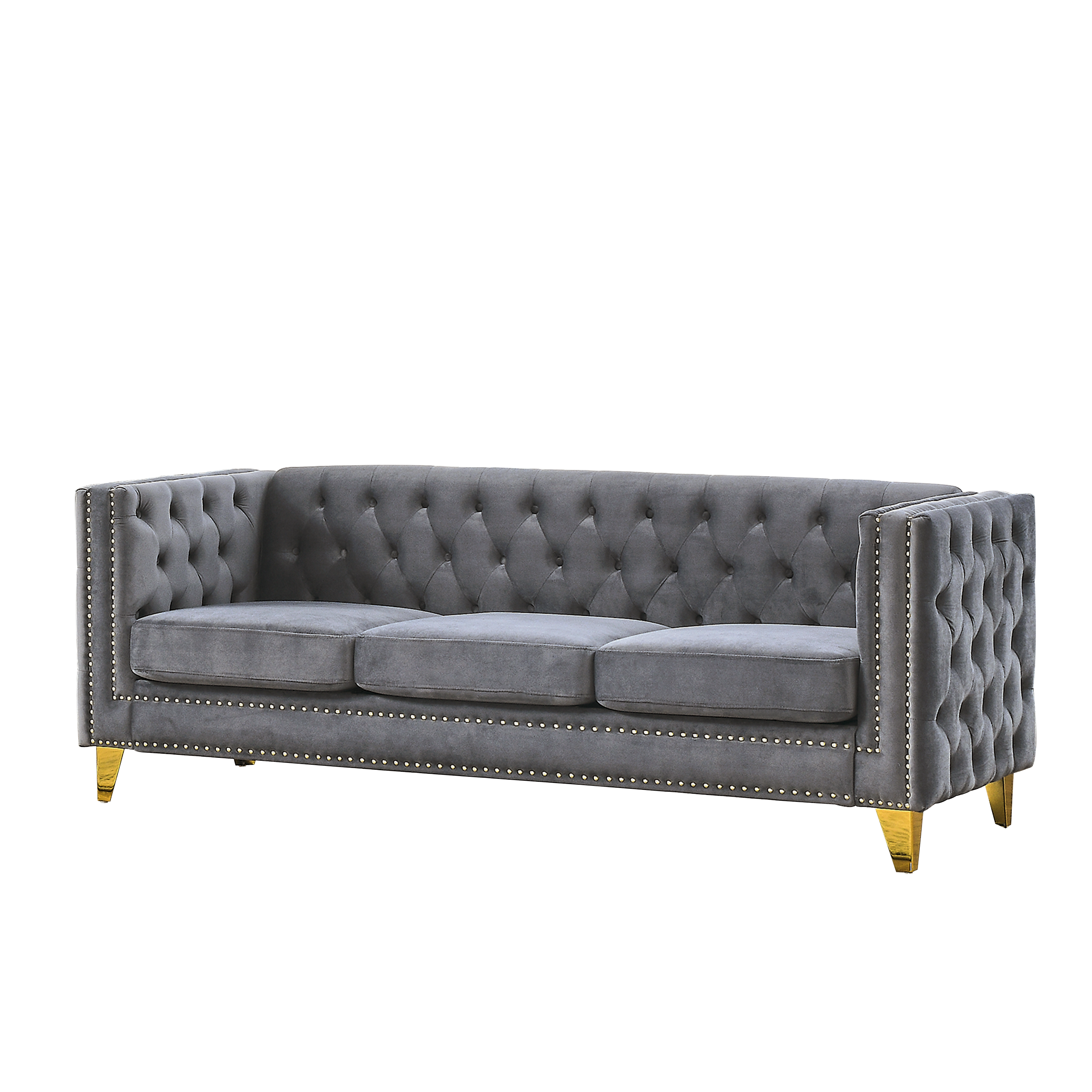 Modern Velvet Sofa with Button Tufting and Metal Legs, Grey Upholstered Couch for Living Room or Bedroom, 3-Seater, Solid Wood Frame, Soft Cotton-Filled Cushions - Grand Goldman Shop