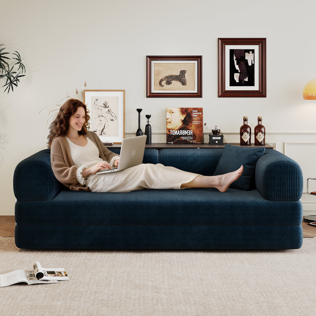 78.8' Compression Sofa,Convertible Floor Sofa Bed-with Pillow Back Support Armrest,Comfy Futon Couch Sleeper Bed,Loveseats Boneless Modular Sectional Sofa,Corduroy fabric,for Living Room,Bedroom,Blue - Grand Goldman Shop