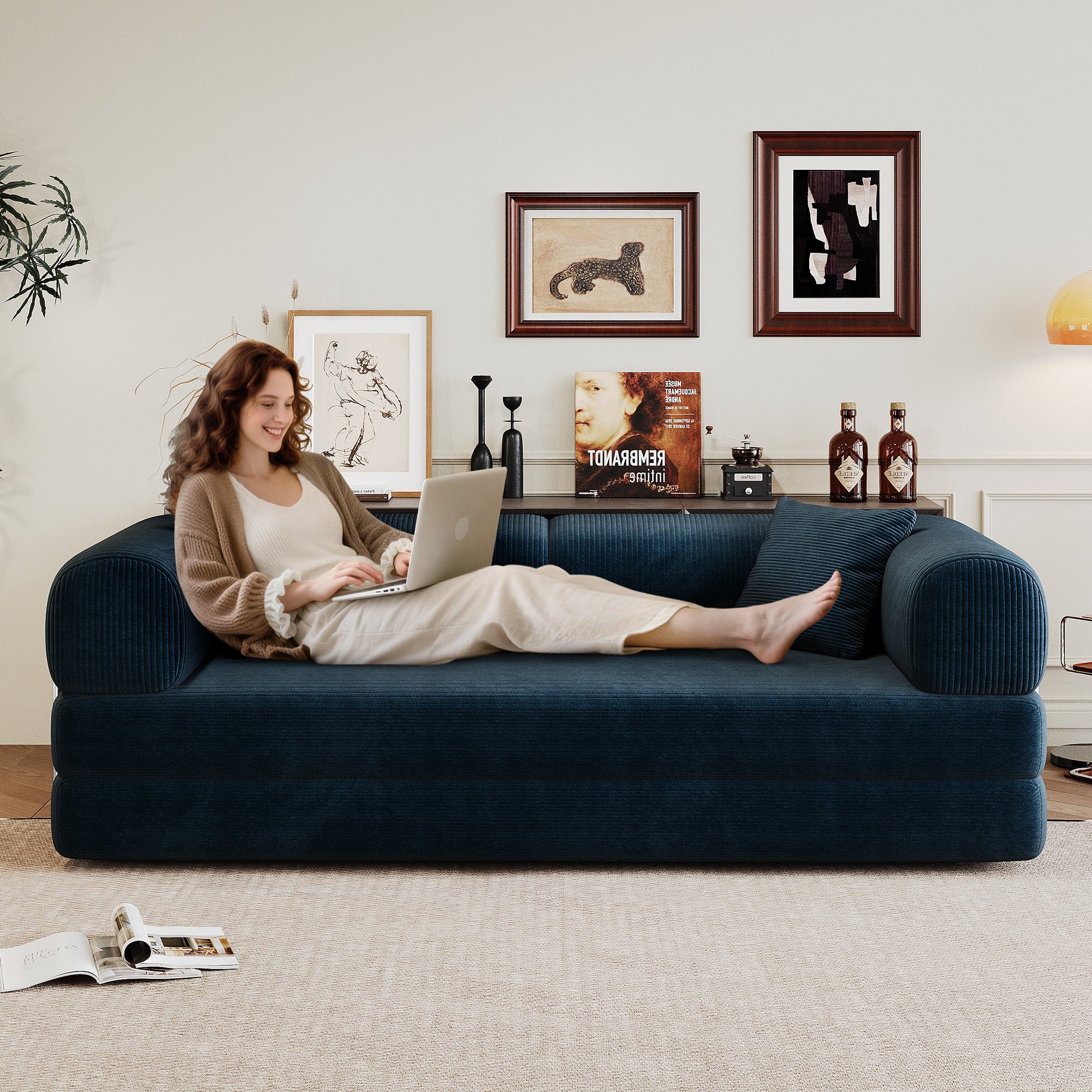 78.8' Compression Sofa,Convertible Floor Sofa Bed-with Pillow Back Support Armrest,Comfy Futon Couch Sleeper Bed,Loveseats Boneless Modular Sectional Sofa,Corduroy fabric,for Living Room,Bedroom,Blue - Grand Goldman Shop