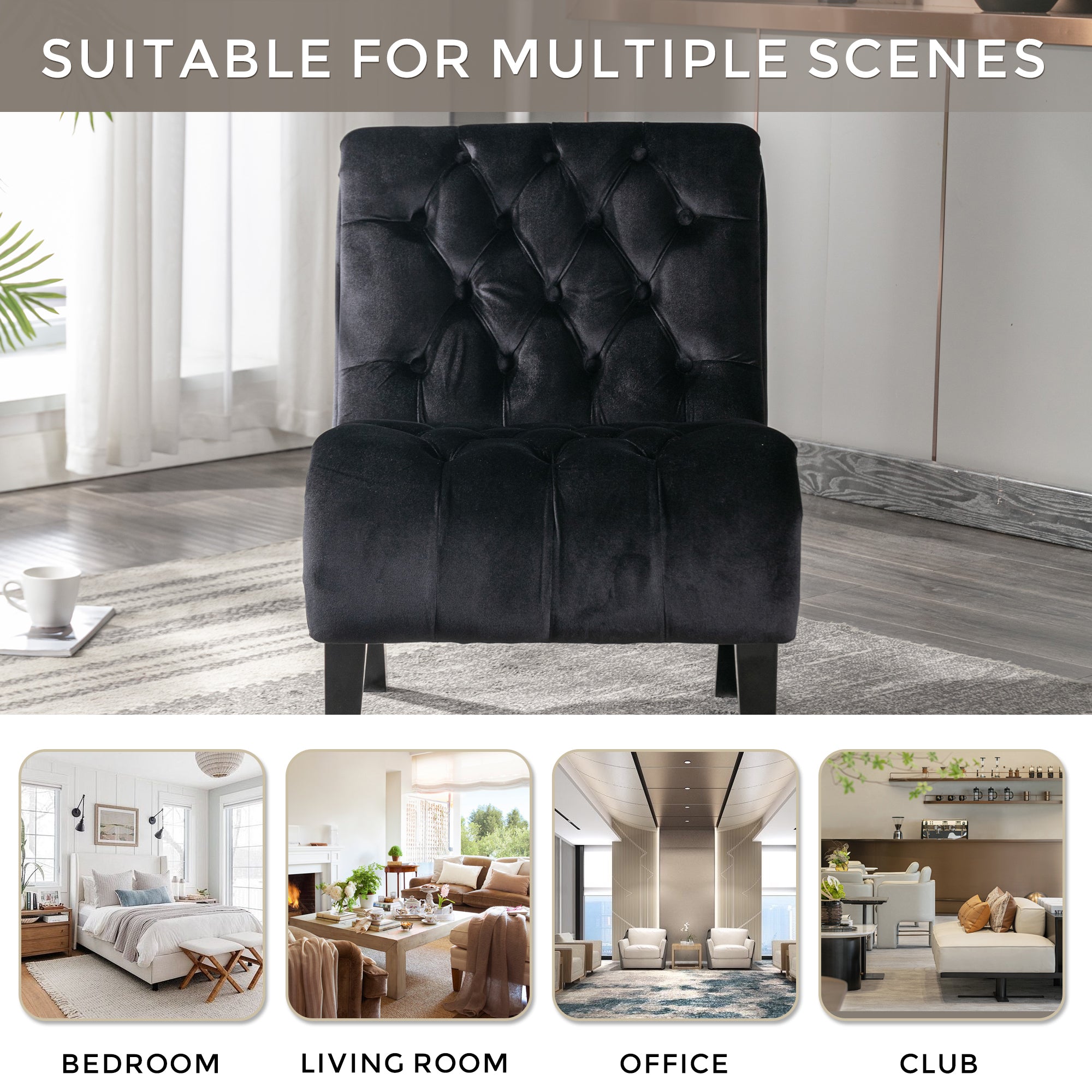 COOLMORE Modern Velvet Armless Accent Living Room Chair / Leisure Chair,Upholstered Fabric Button Comfortable Chair with Wooden Legs for Bedroom, Living Room, Office (Black Velvet) - Grand Goldman Shop