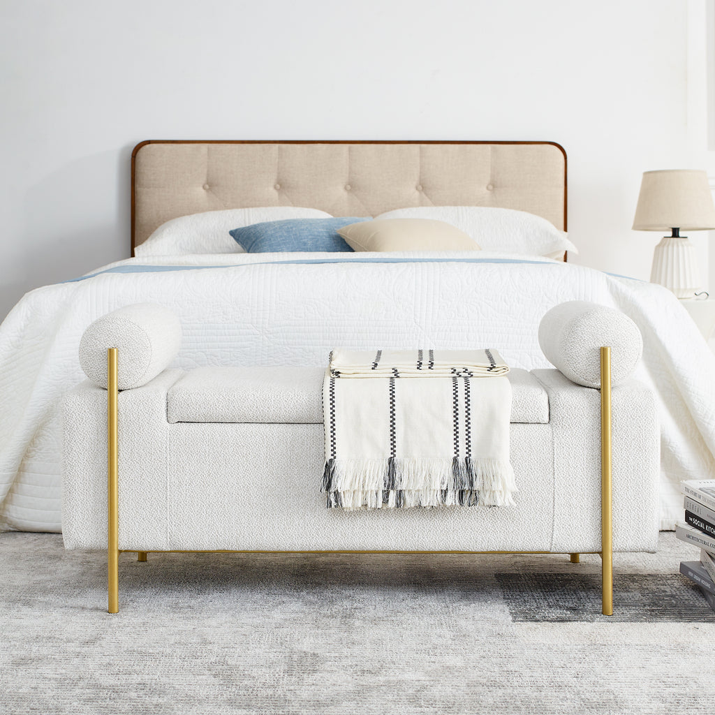 Elegant Upholstered Linen Storage Bench with Cylindrical Arms and Iron Legs, White - Grand Goldman Shop