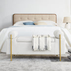 Elegant Upholstered Linen Storage Bench with Cylindrical Arms and Iron Legs, White - Grand Goldman Shop