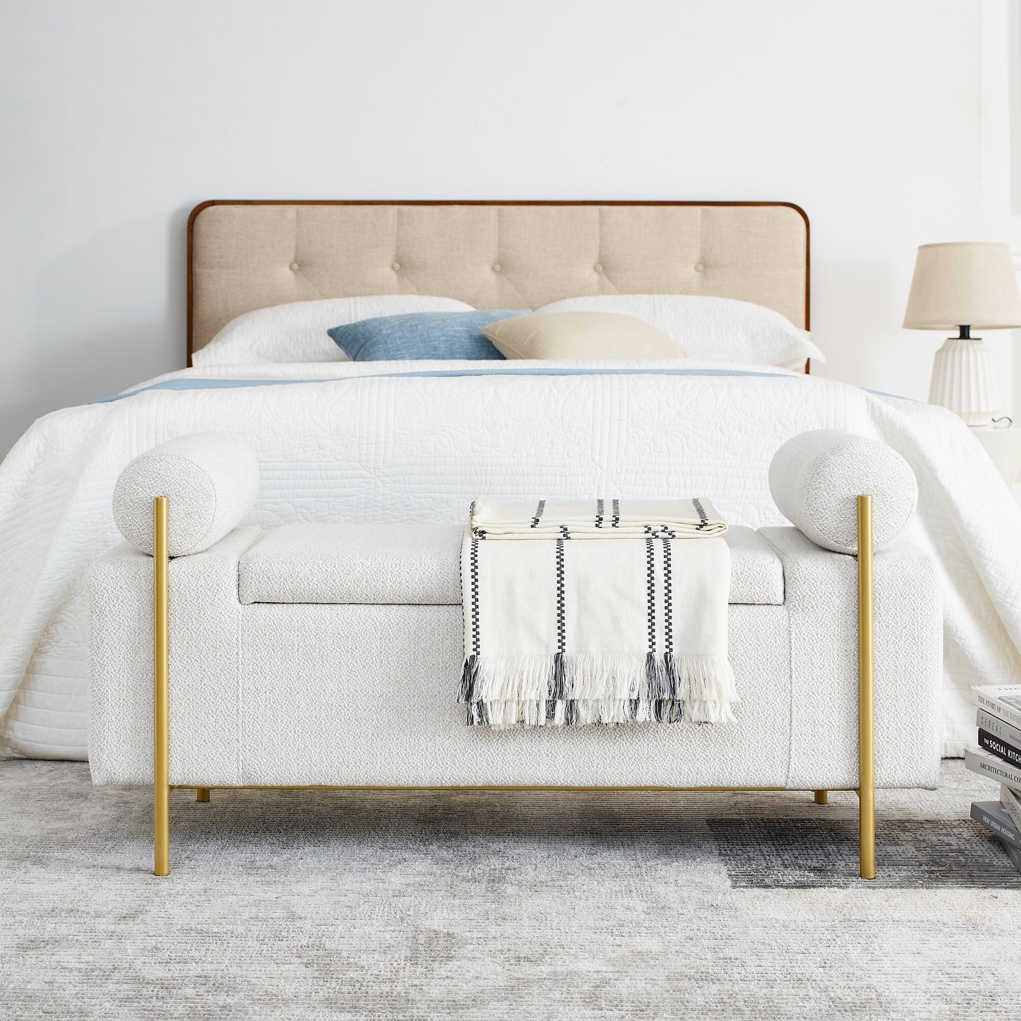 Elegant Upholstered Linen Storage Bench with Cylindrical Arms and Iron Legs, White - Grand Goldman Shop