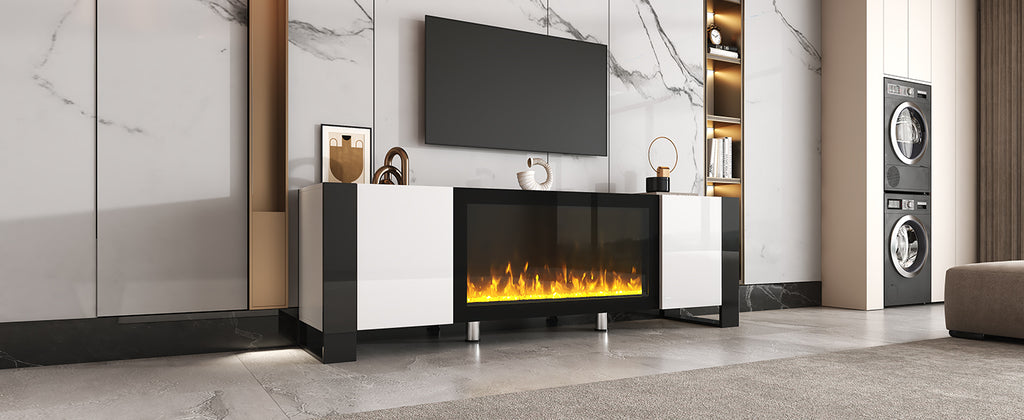 ON-TREND Modern TV Stand with 34.2' Non-heating Electric Fireplace, High Gloss Entertainment Center with 2 Cabinets, Media Console for TVs up to 78', White - Grand Goldman Shop